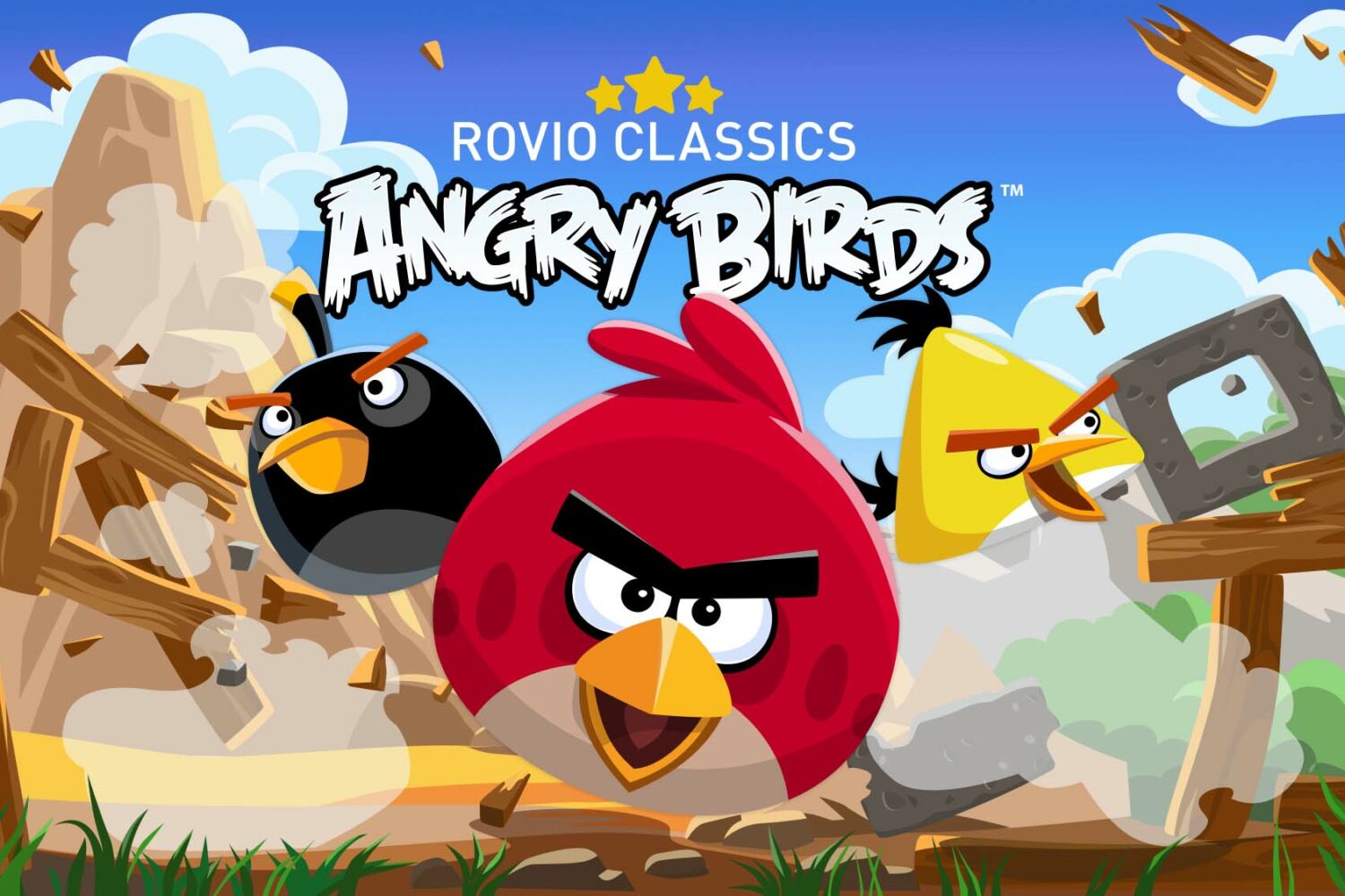 Rovio's marketing image showcasing Angry Birds Classic, a remastered version of the original game with no ads or in-app purchases