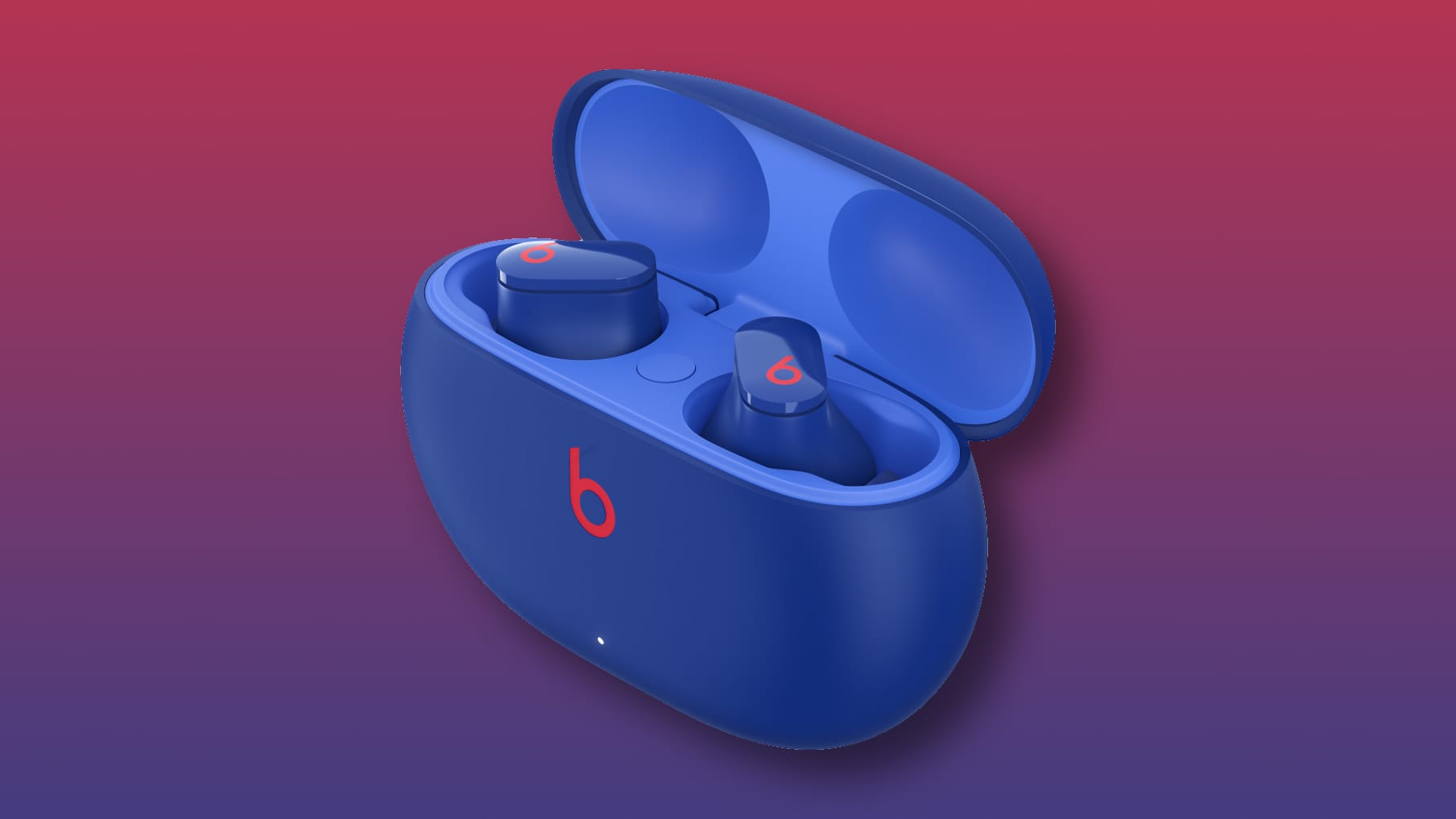 Marketing image displaying an isometric view of the Beat Studio Pro earbuds in the charging case, with the lid open 