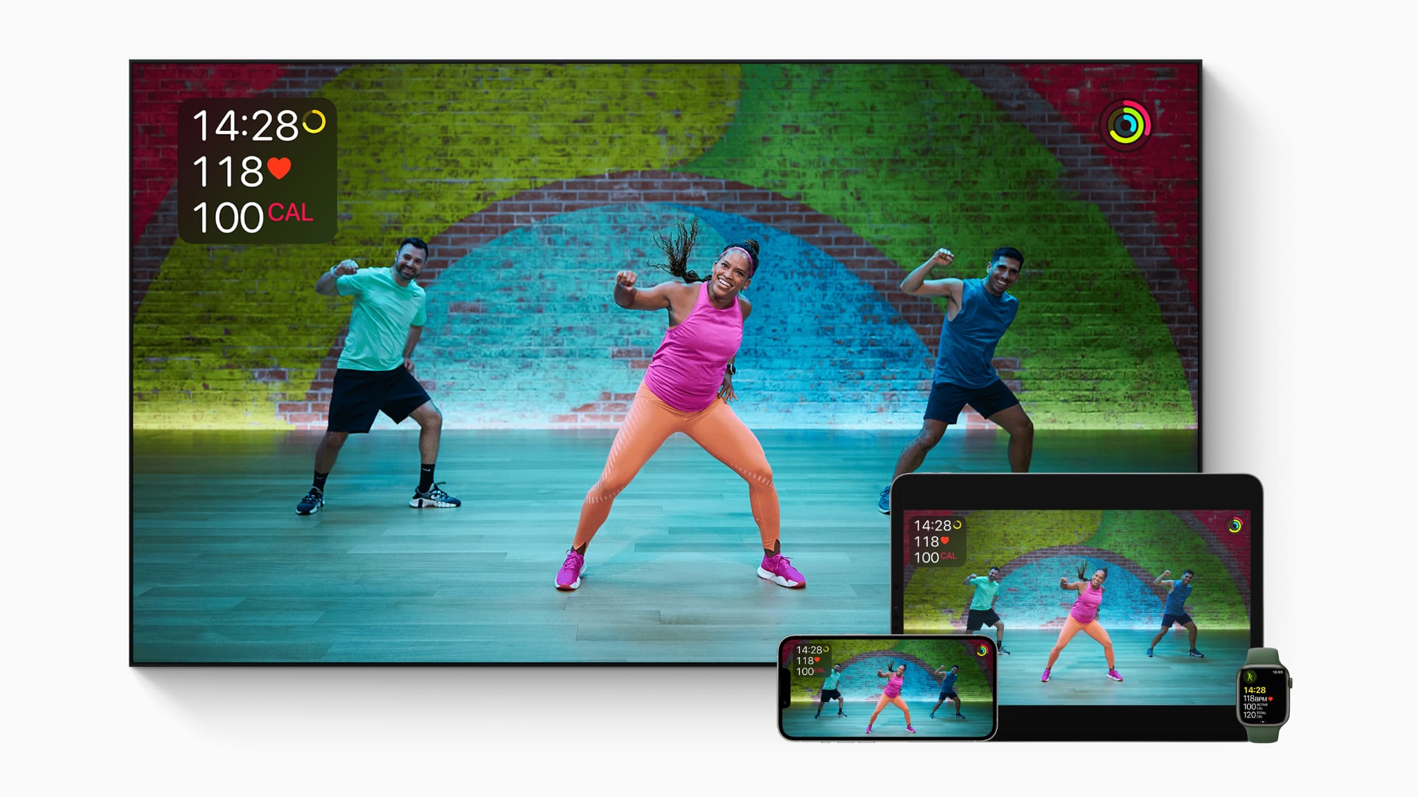 Marketing image showcasing the new dance workouts and themed collections for Apple Fitness+ subscribers on iPhone, iPad, Apple Watch and Apple TV
