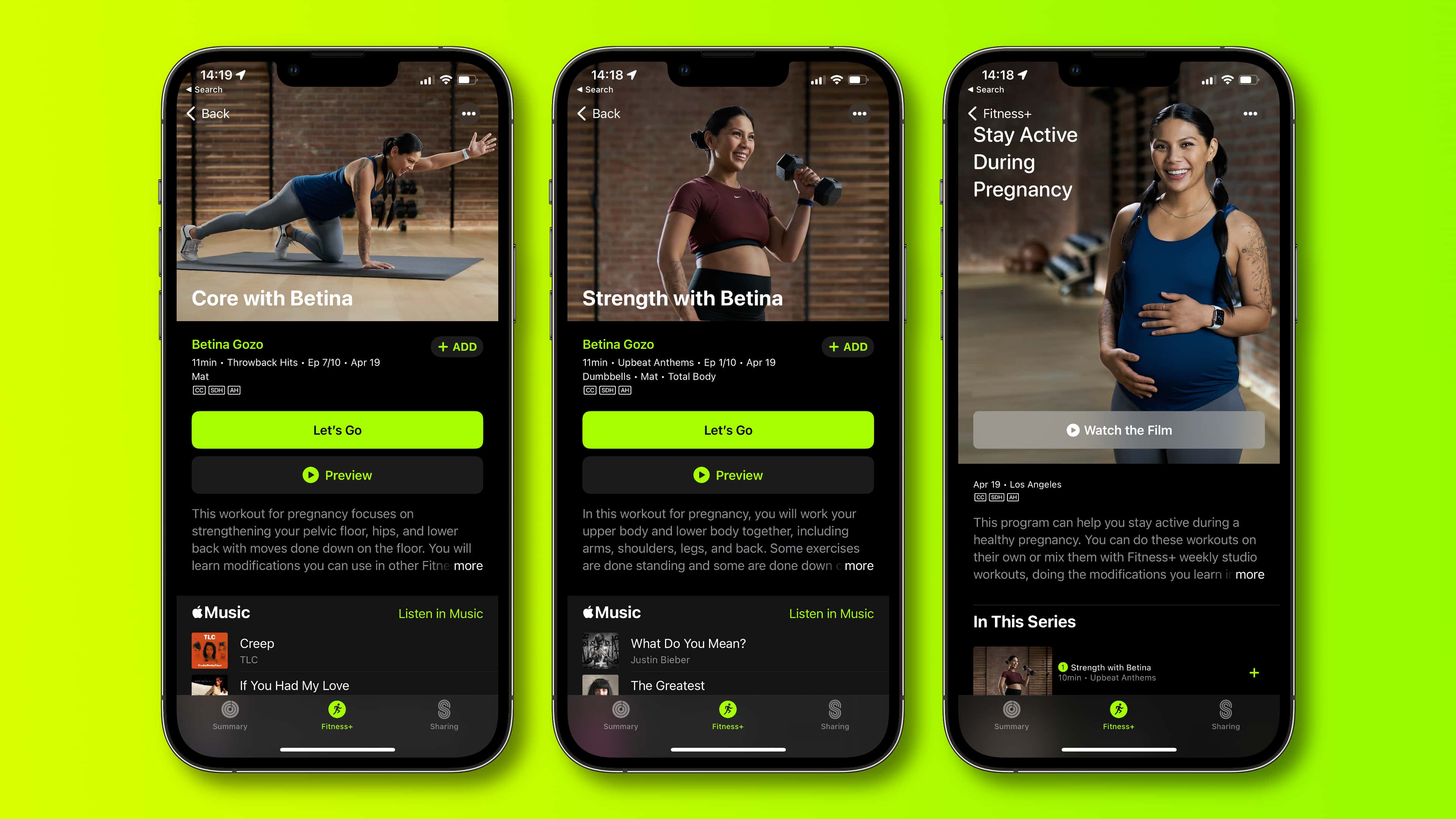 Three device screenshots showcasing postpartum exercises on Apple Fitness+ on iPhone
