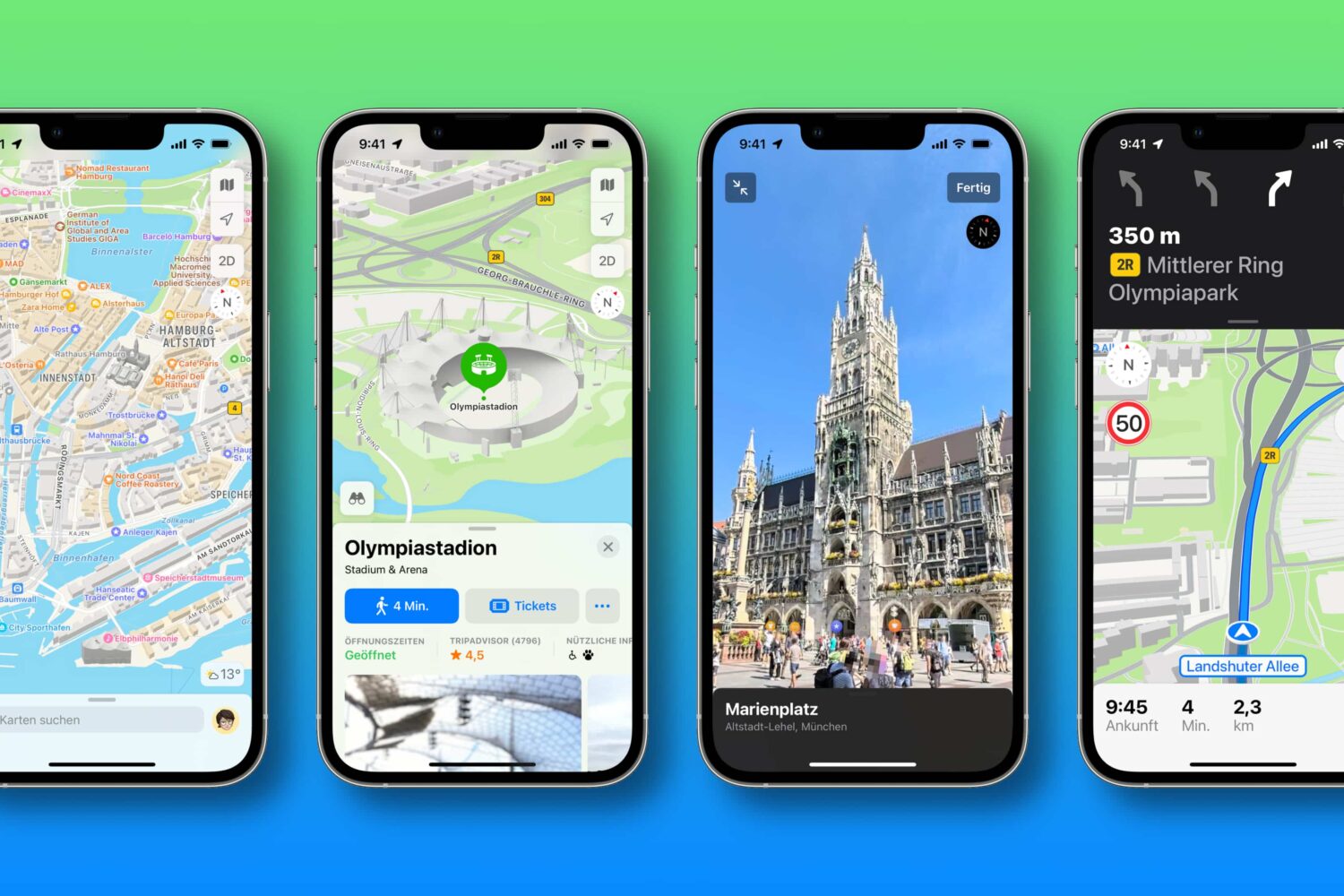Four iPhone screenshots showcasing the new Apple Maps features in Germany, from left to right: detailed road coverage, 3D landmarks like Olympiastadion, the Look Around feature for Marienplatz and improved navigation.