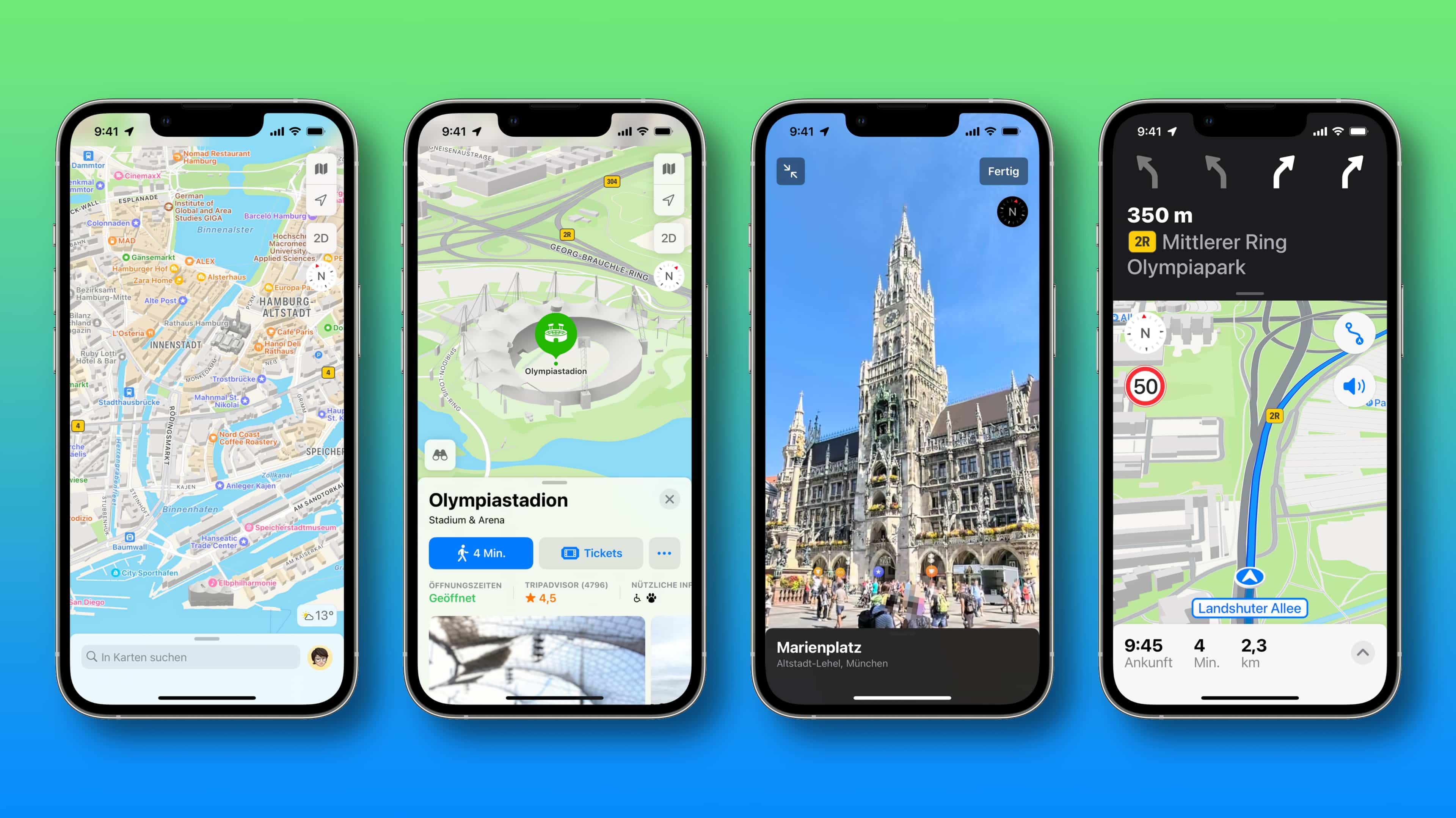 Four iPhone screenshots showcasing the new Apple Maps features in Germany, from left to right: detailed road coverage, 3D landmarks like Olympiastadion, the Look Around feature for Marienplatz and improved navigation.