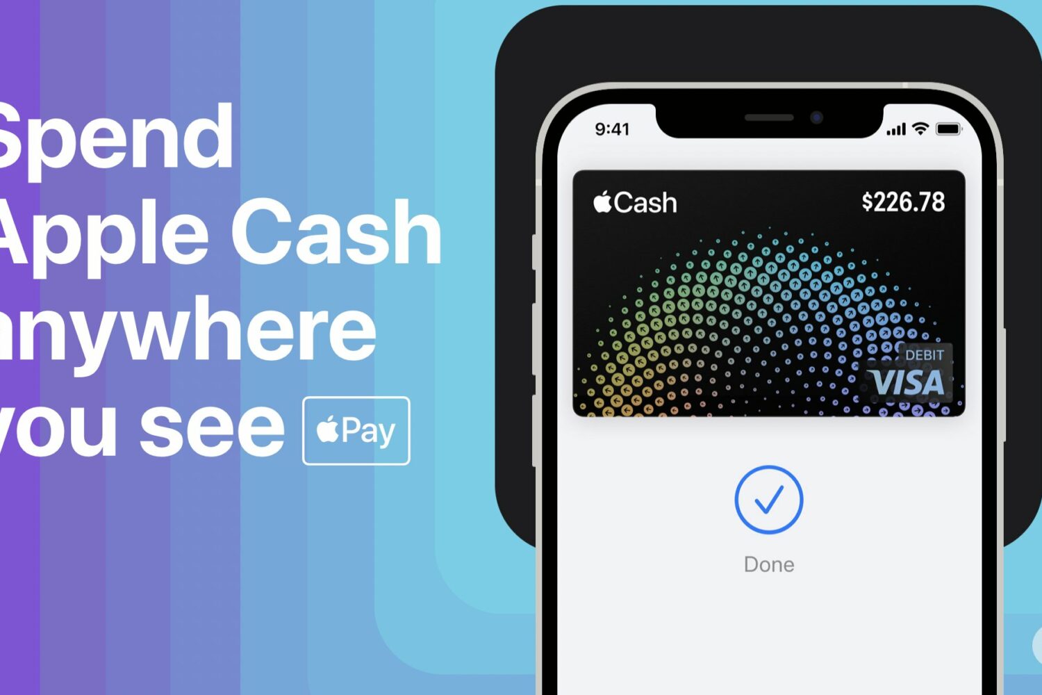 Splash screens showcasing Apple's virtual Apple Pay Cash debit card on the Visa network