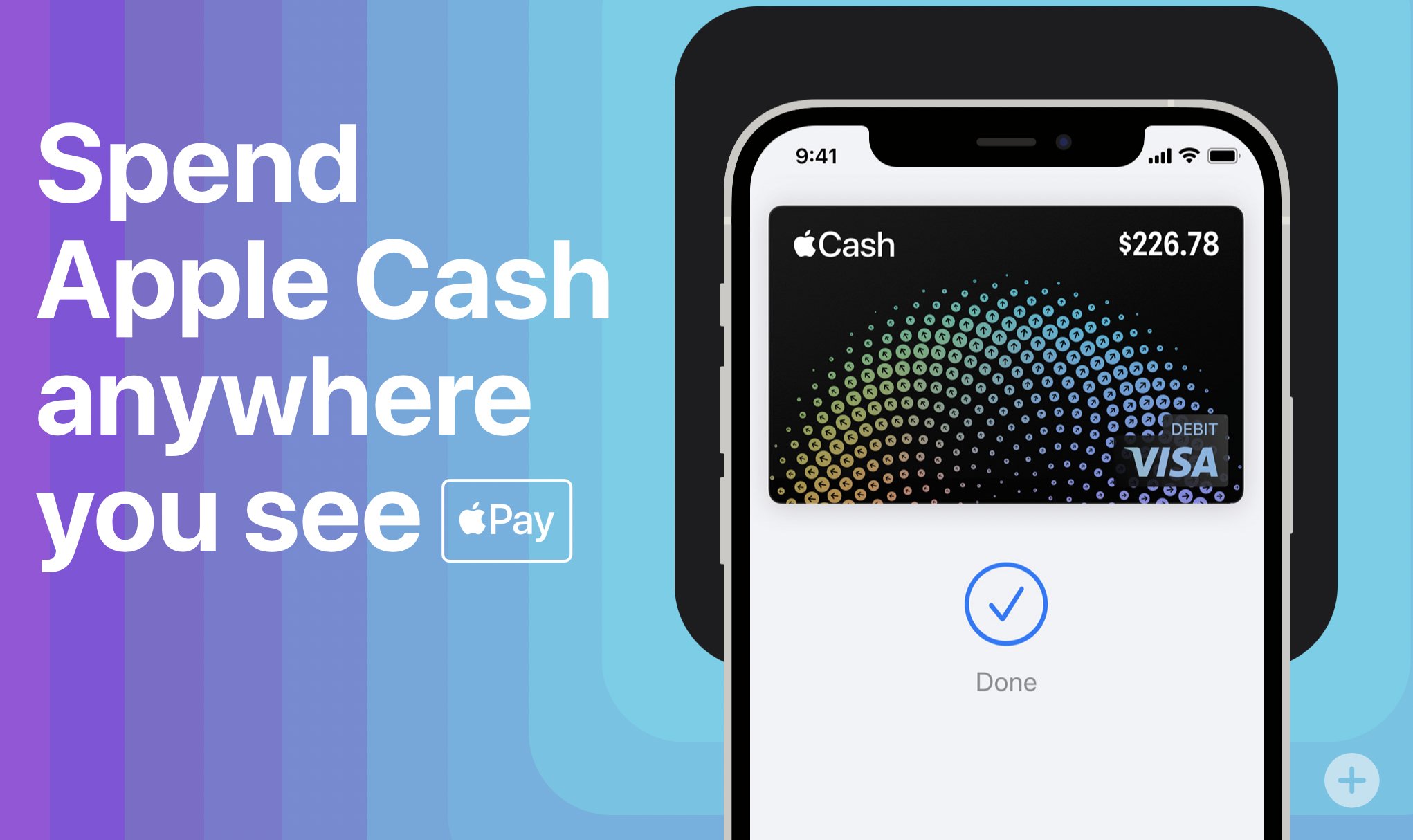 Splash screens showcasing Apple's virtual Apple Pay Cash debit card on the Visa network