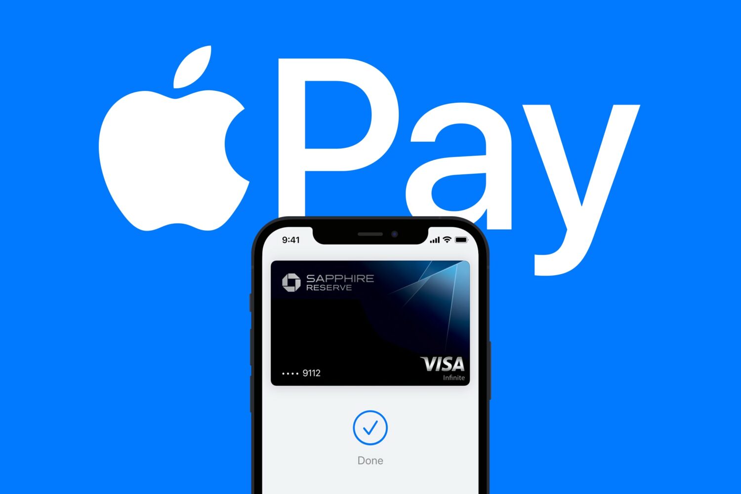 Composition showing Apple Pay on an iPhone set against a solid blue background with "Apple Pay" printed in white lettering