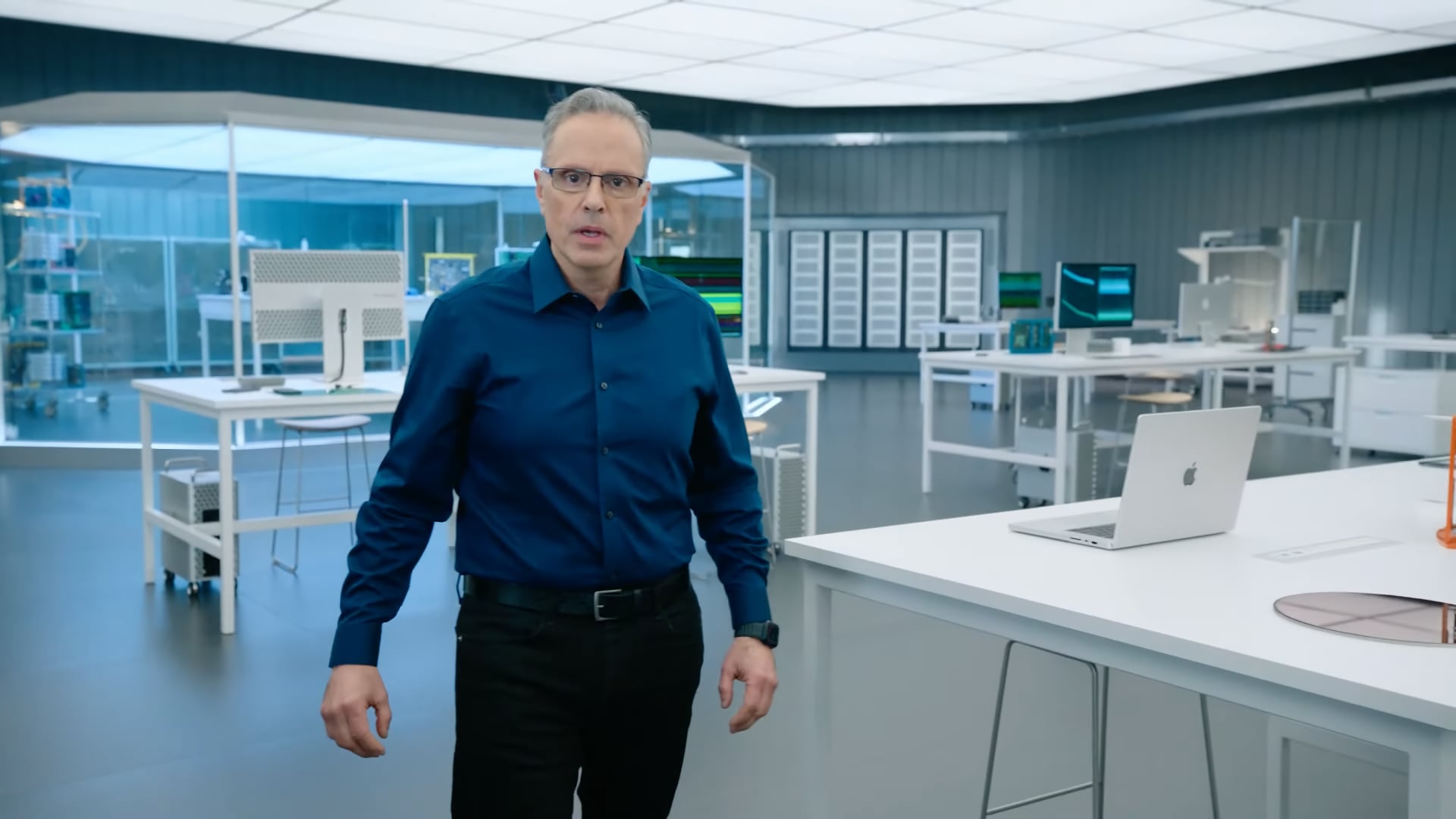 This still taken from the custom chip development segment of the Apple Event March 2022 video depicts Johny Srouji, Senior Vice President of Hardware Technologies, walking in his office at the Apple Park headquarters 