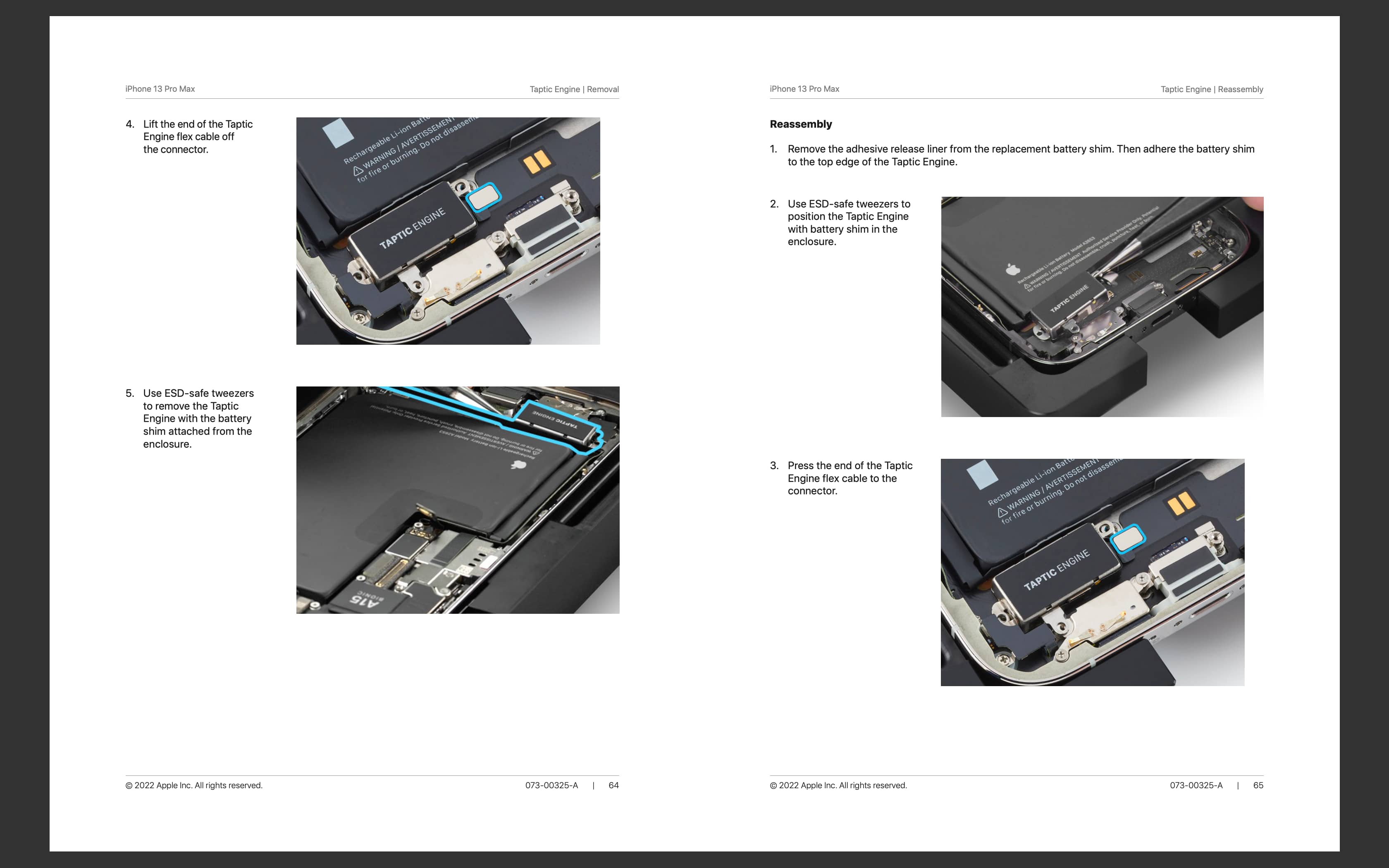 A screenshot from Apple's service manual for the iPhone 13 Pro Max showing the steps to replace the Taptic Engine