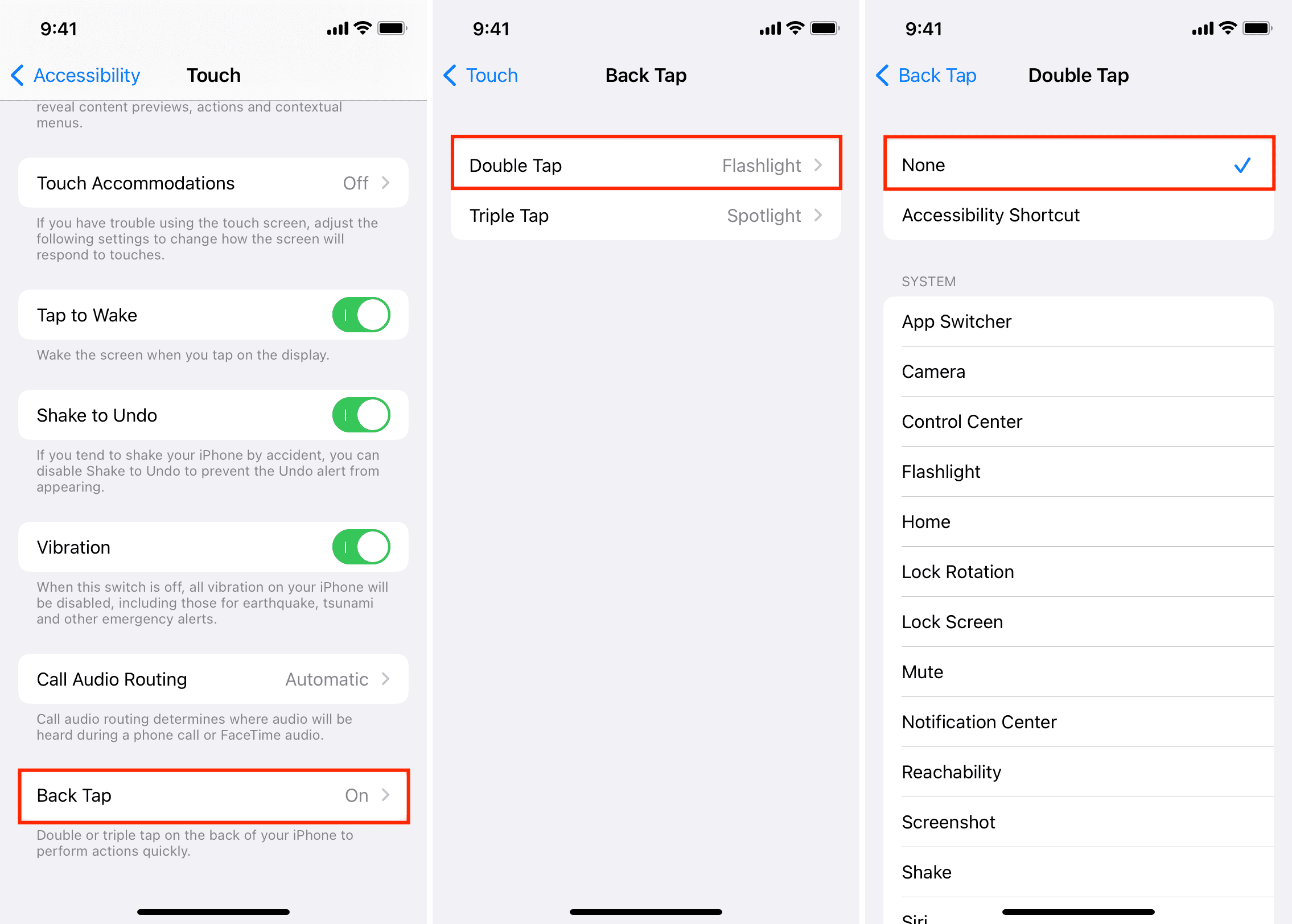 Turn off Back Tap Flashlight command on iPhone