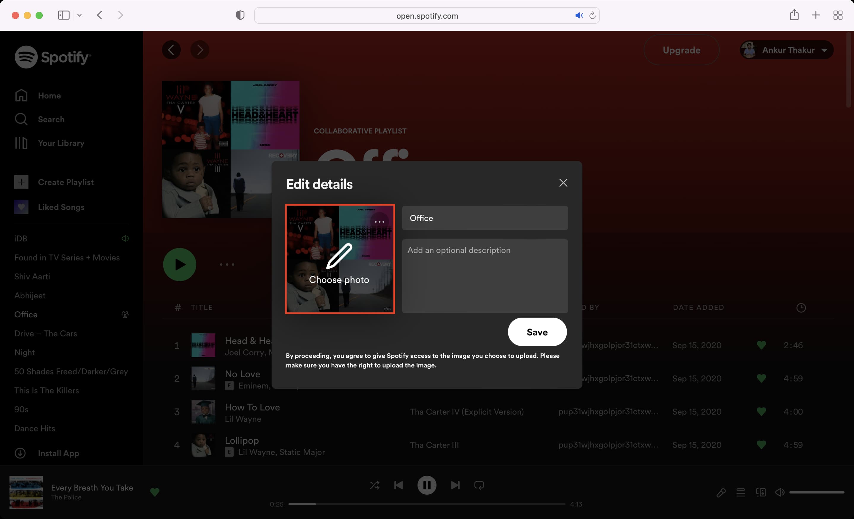 Choose photo for Spotify playlist cover image on web