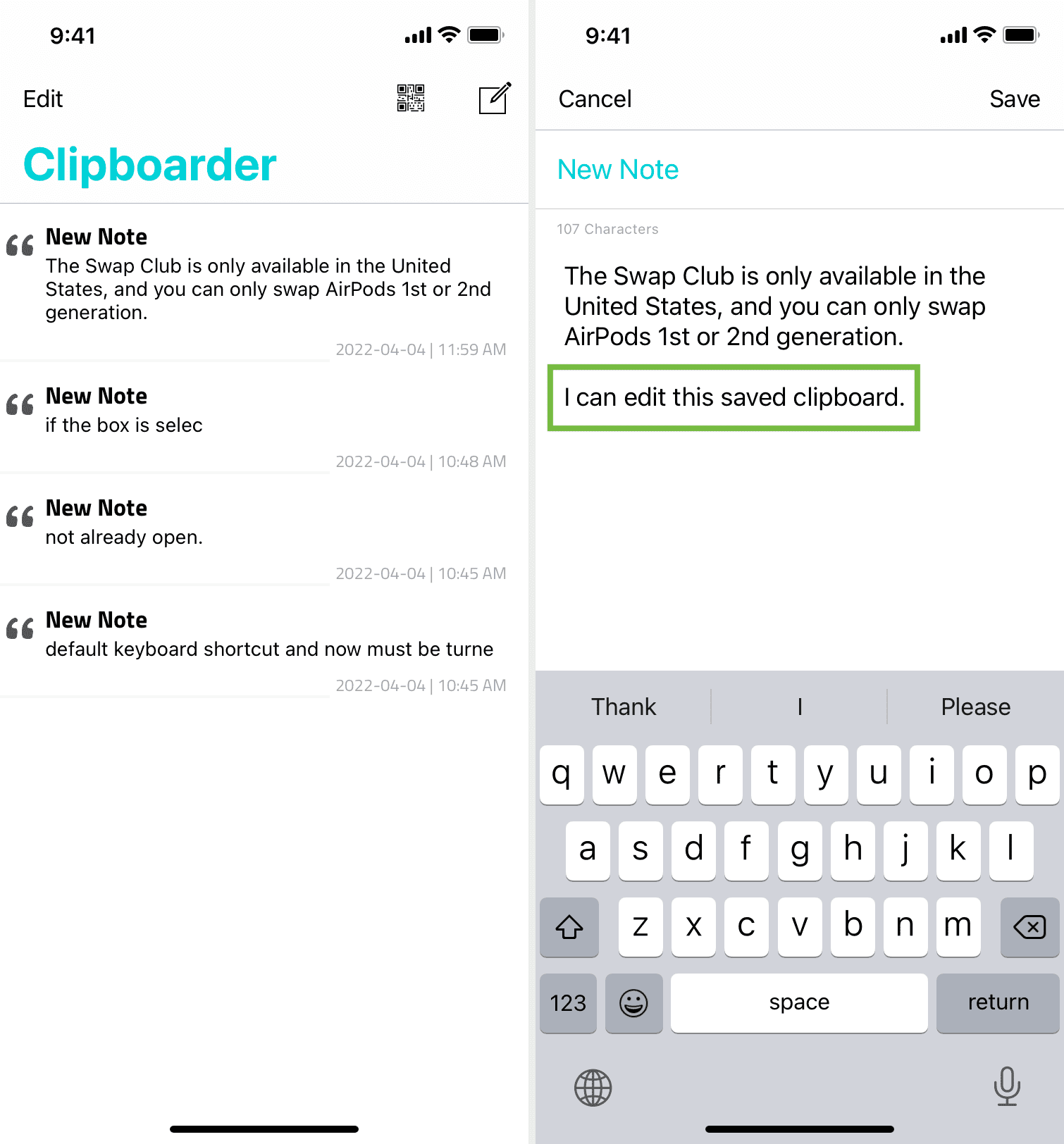 Clipboarder on iPhone