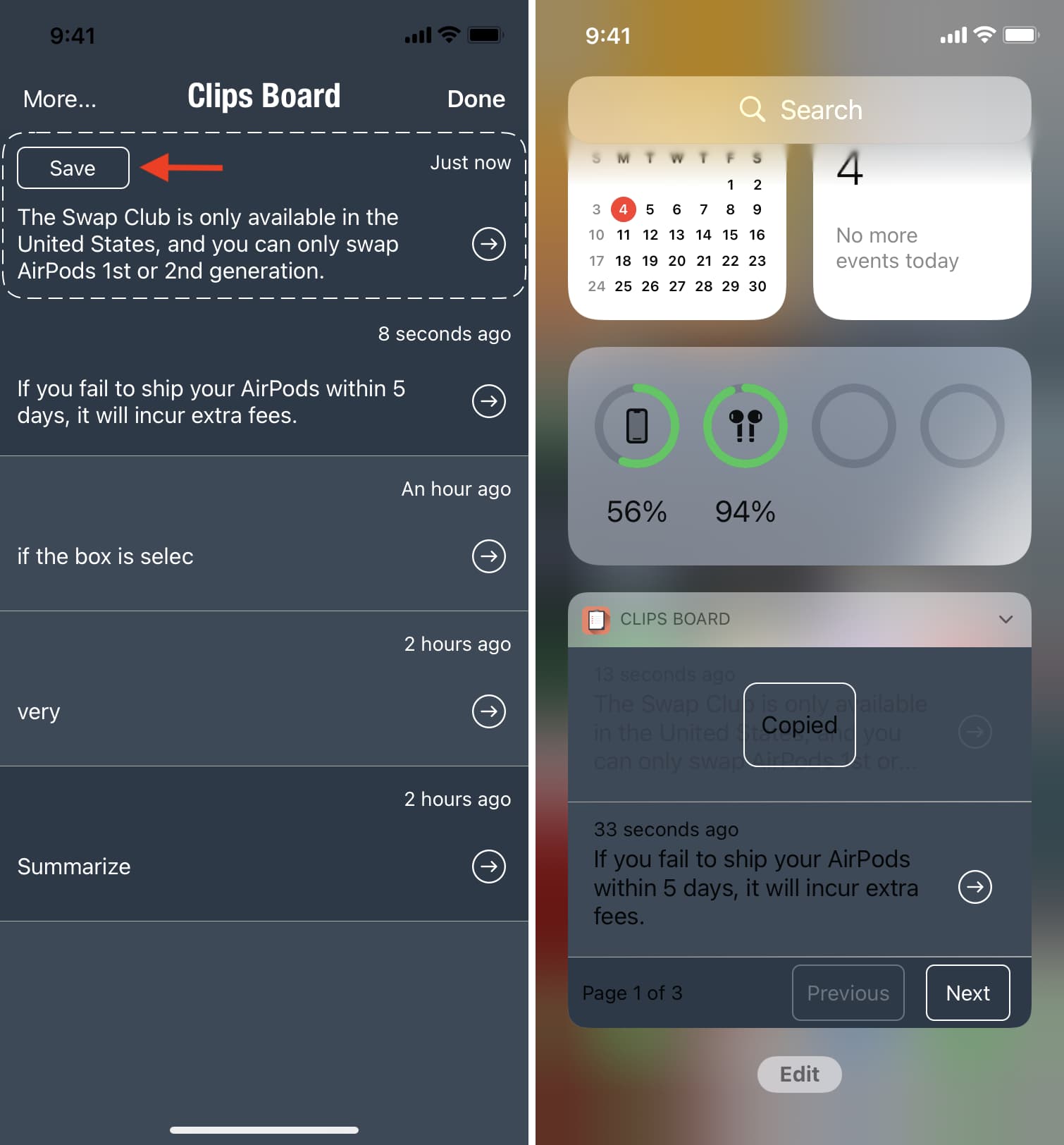 Clips Board clipboard app on iPhone with widget