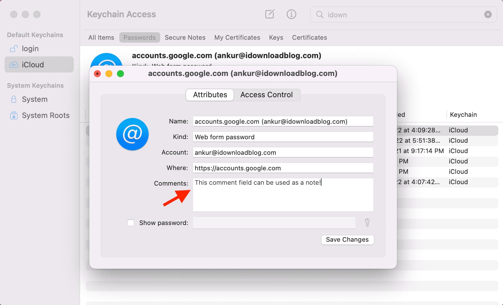 Comment in Keychain Access on Mac