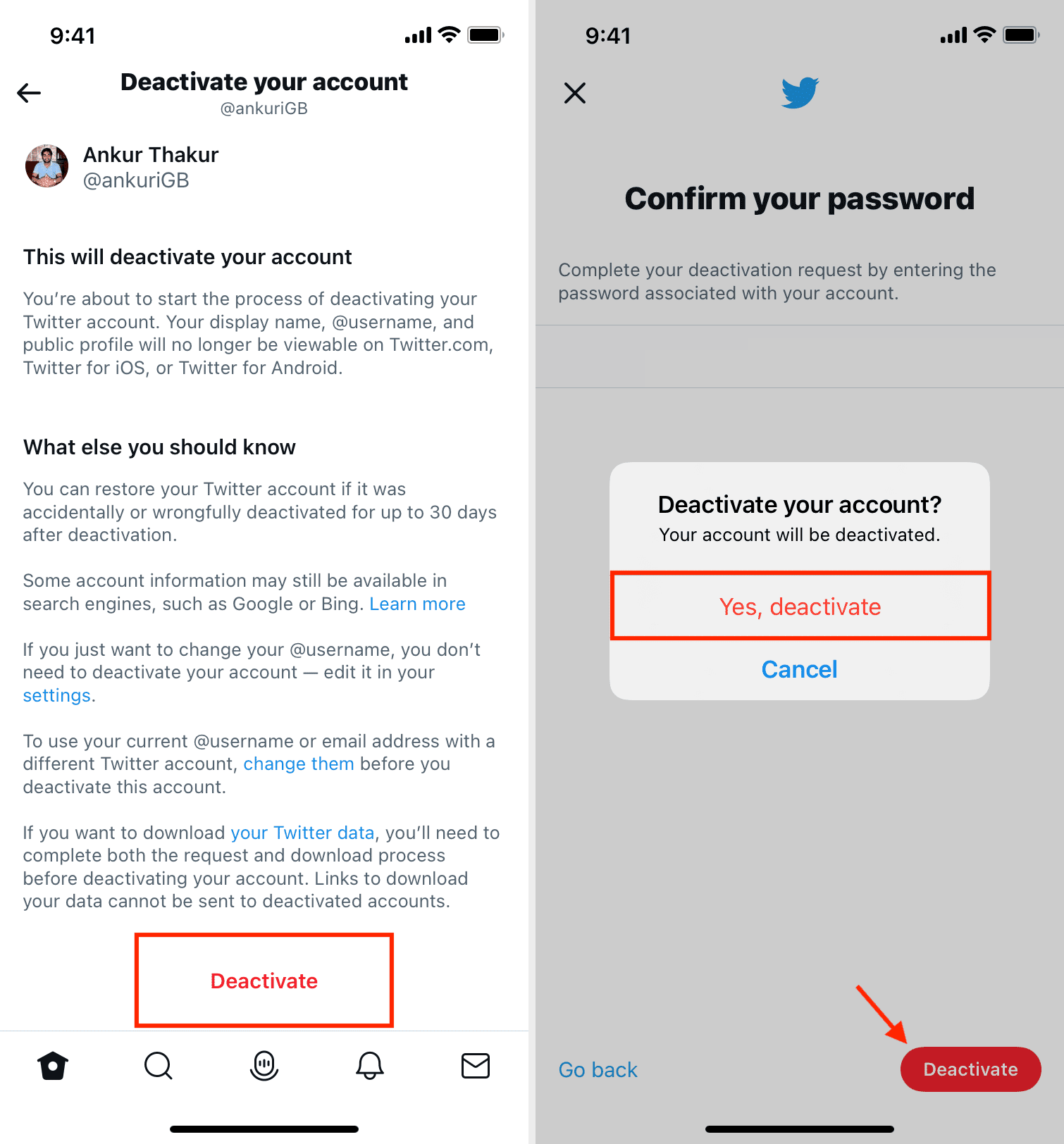 Confirm to deactivate your Twitter account