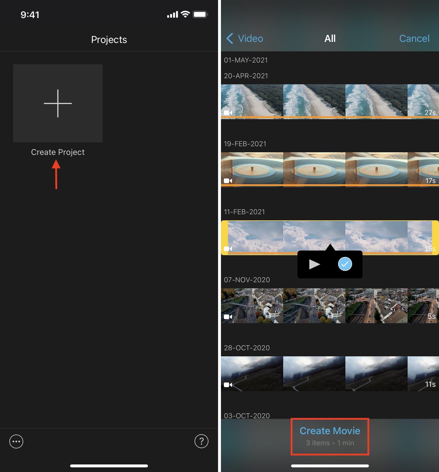 Create Movie in iMovie to merge videos