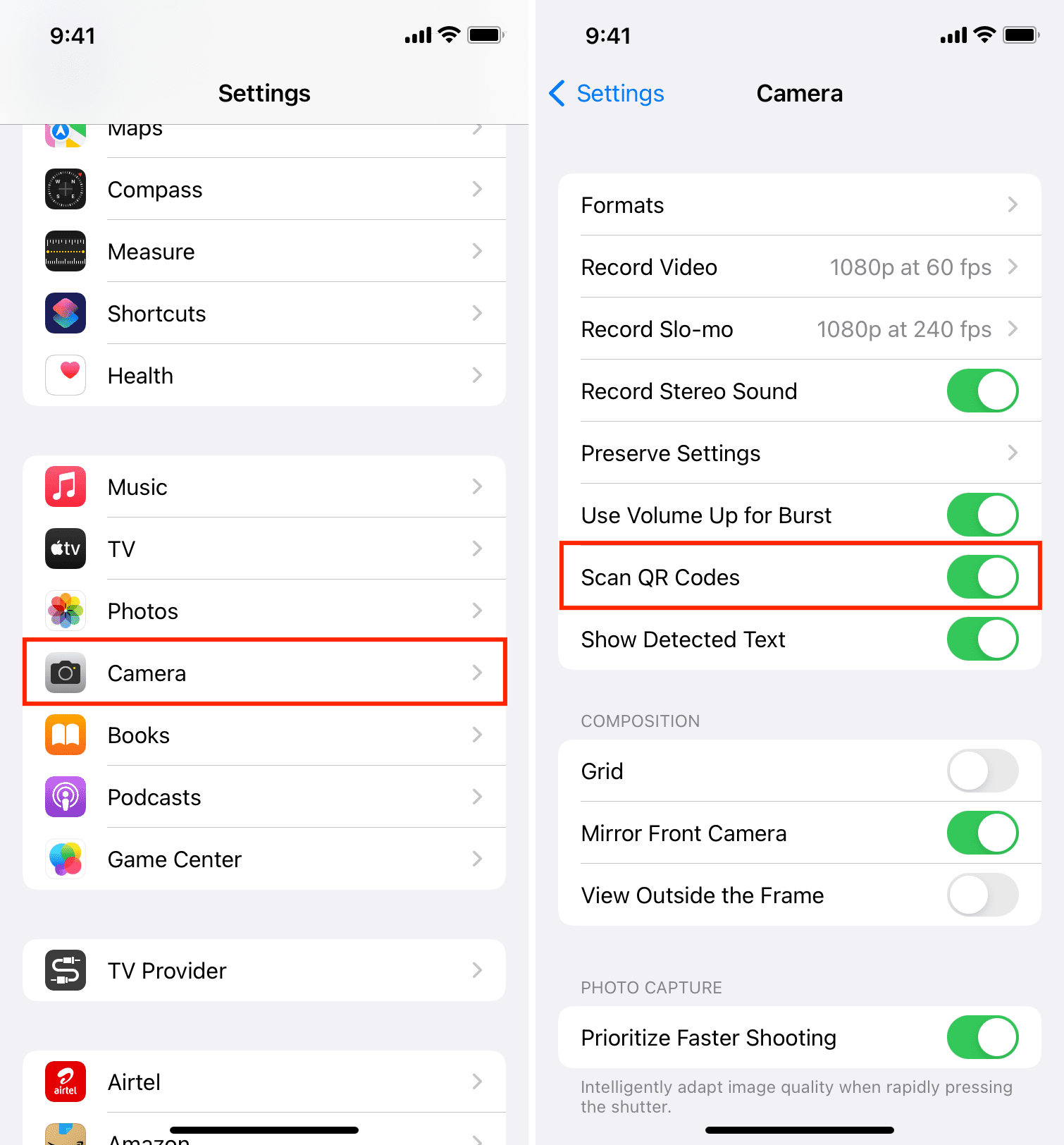 Enable Scan QR Codes option in iPhone Camera settings