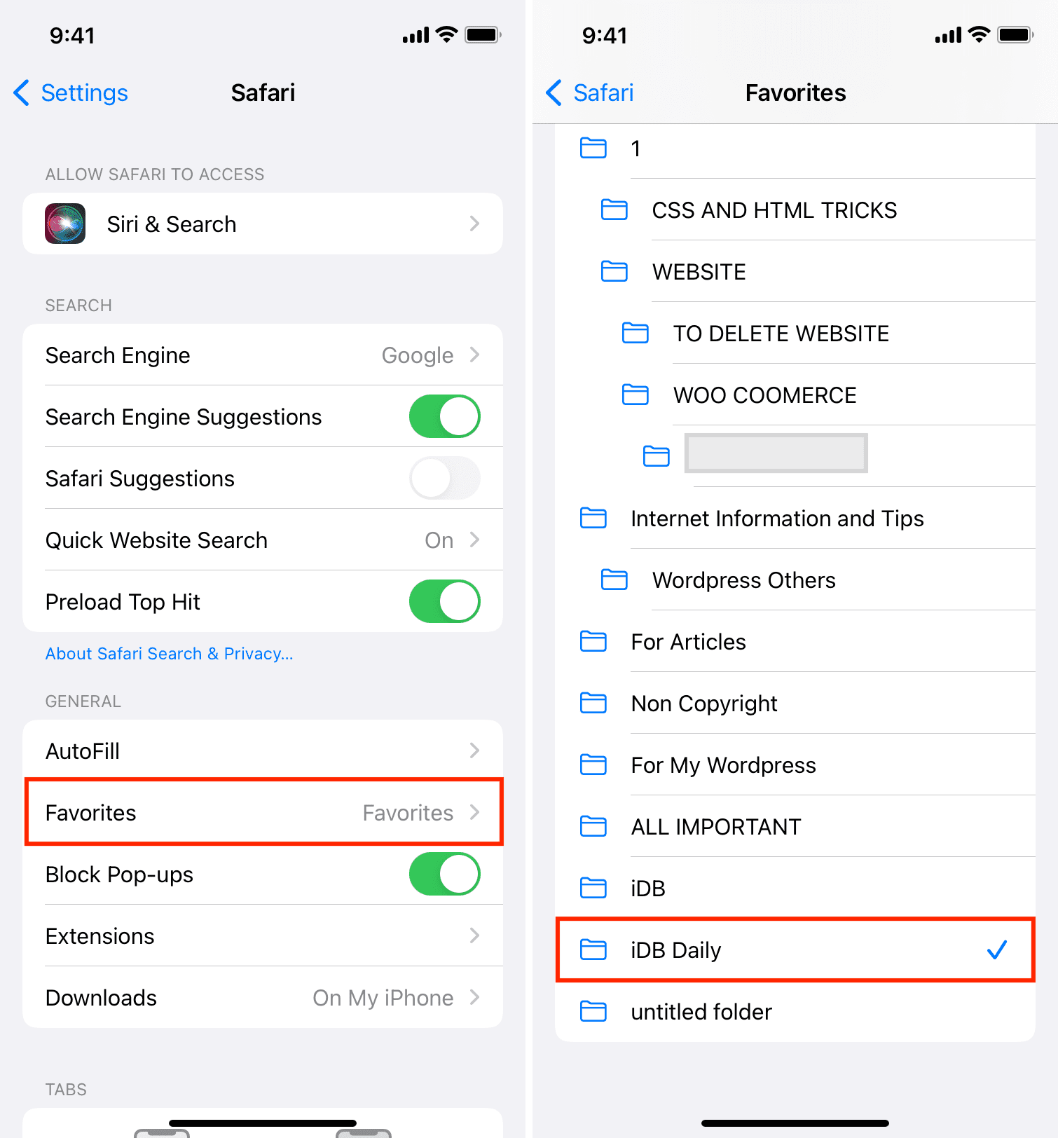 Favorites folder settings for Safari on iPhone
