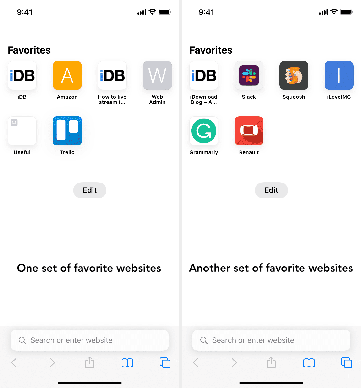 Two set of Favorites in Safari start page on iPhone