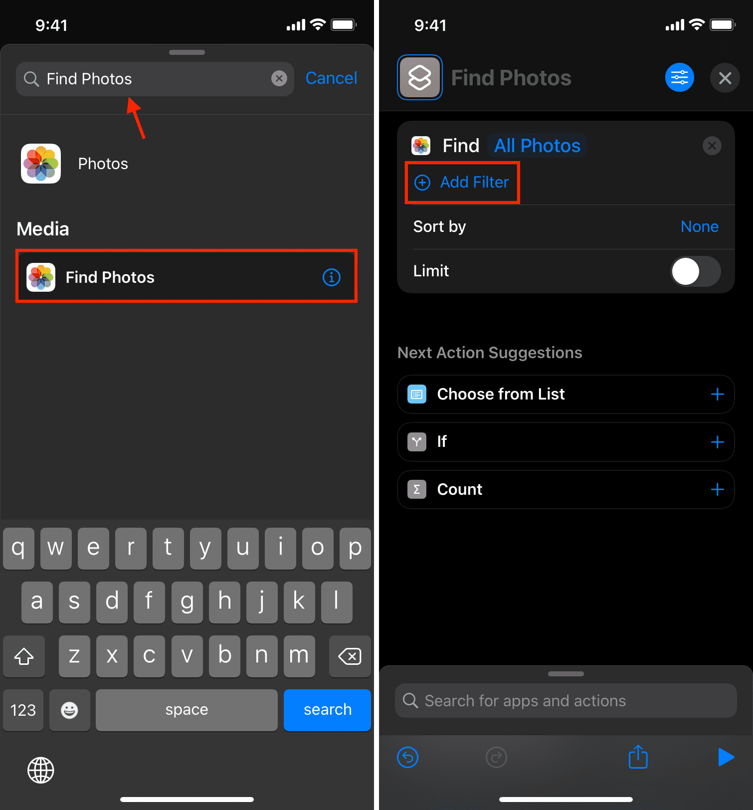 Find Photos action added to your shortcut