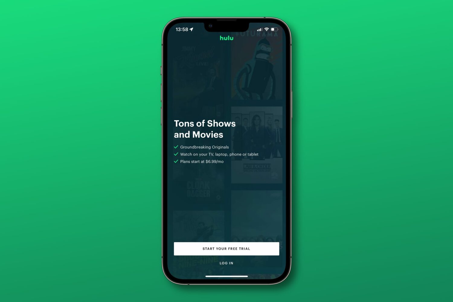 Featured image showing the splash screen in the Hulu app on iPhone, set against a green gradient background