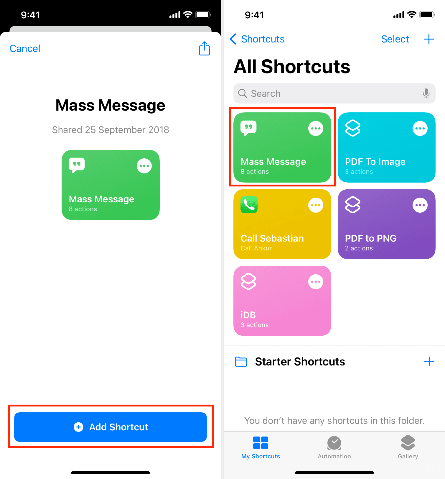 Mass Message shortcut on iPhone