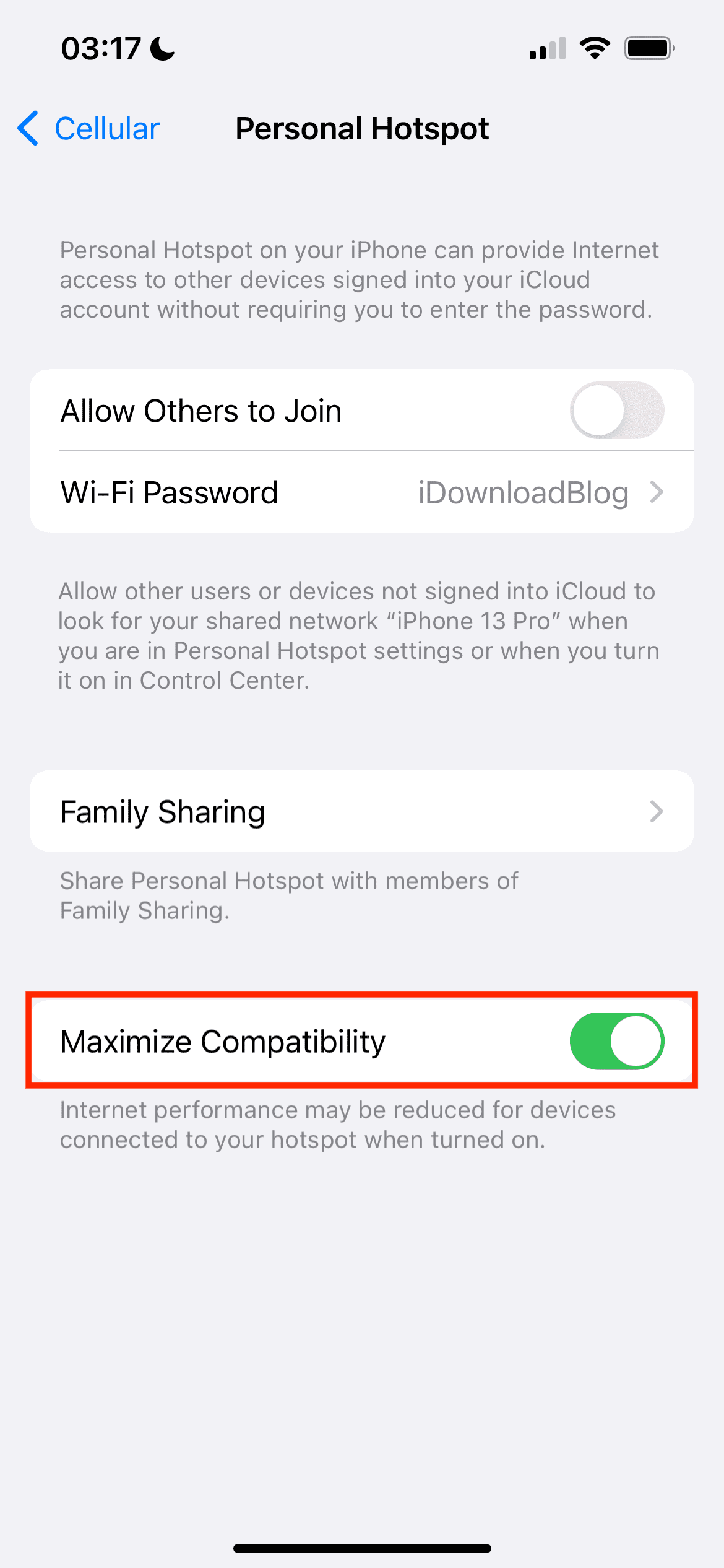 Maximize Compatibility in Personal Hotspot settings on iPhone