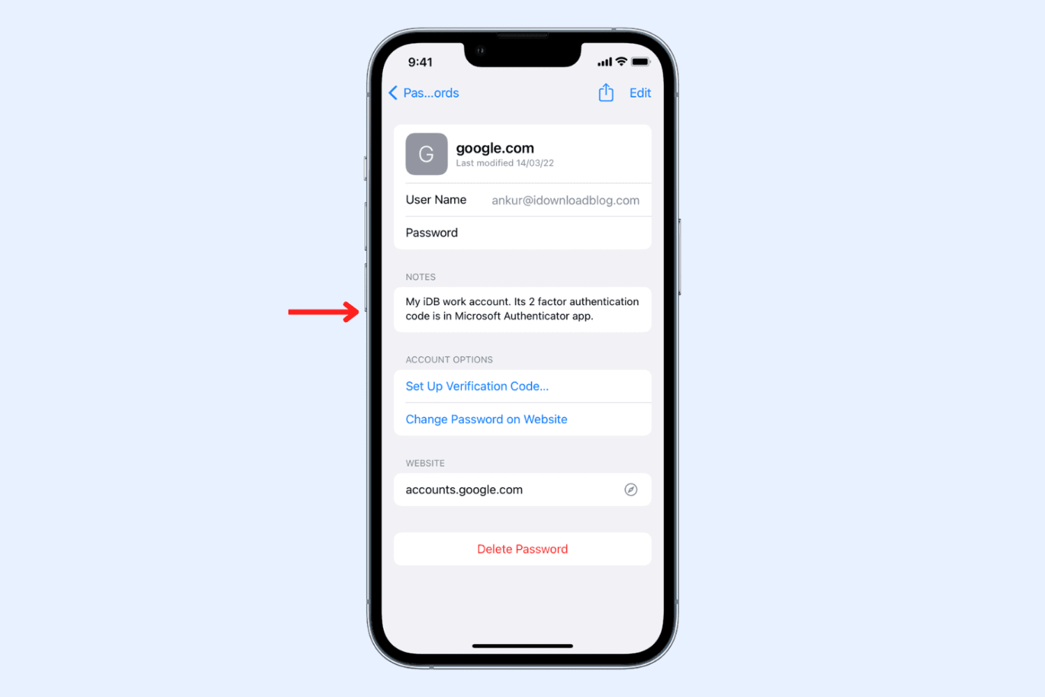Add notes to iCloud Keychain password