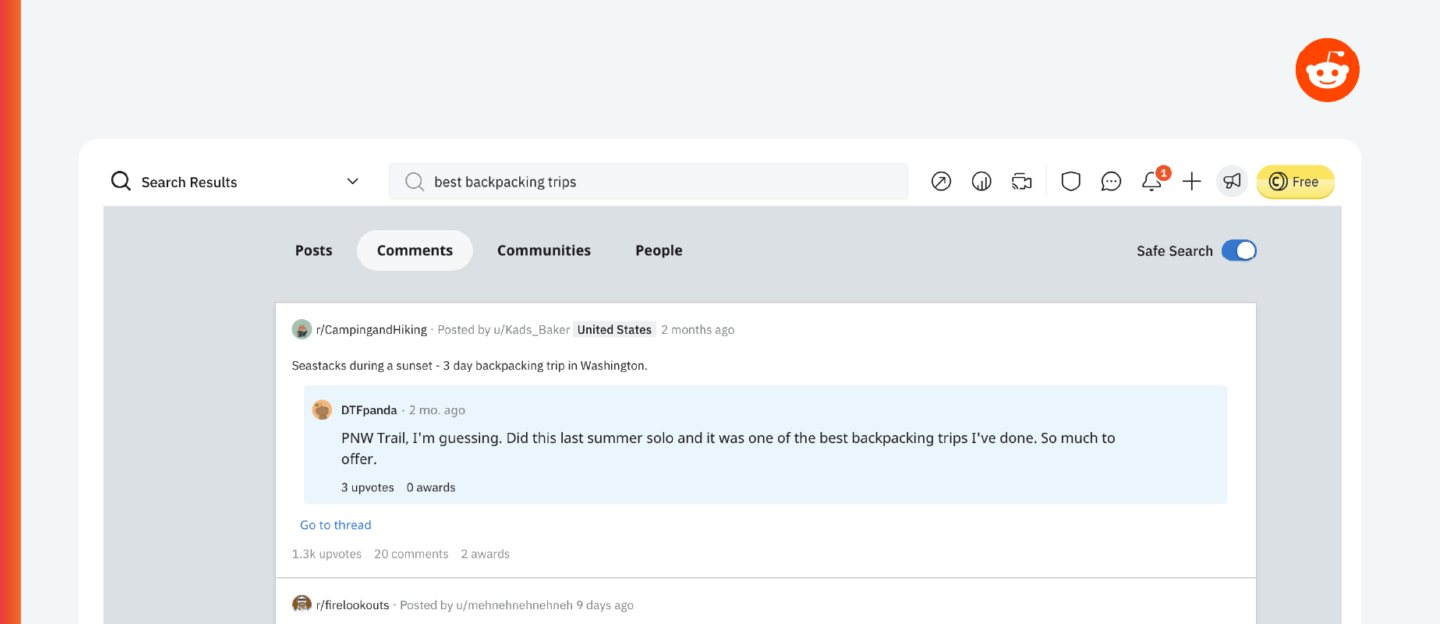 A screenshot of Reddit's overhauled search page on desktop showing matches from comments