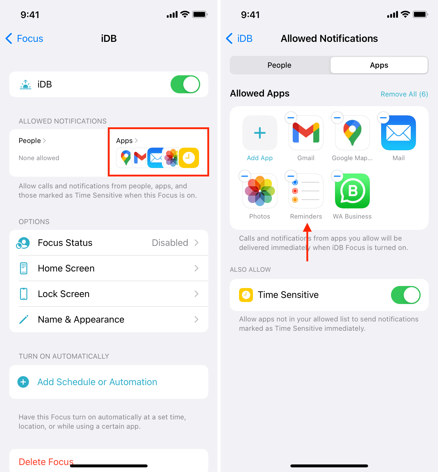 Reminders excluded from Focus on iPhone