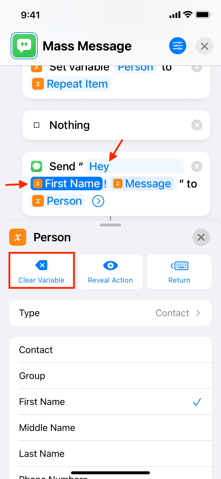 Remove automatic text from Mass Message shortcut on iPhone