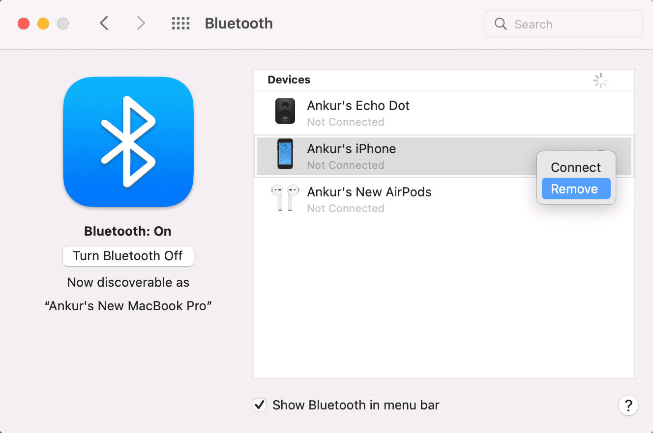 Remove iPhone from Mac's Bluetooth Settings