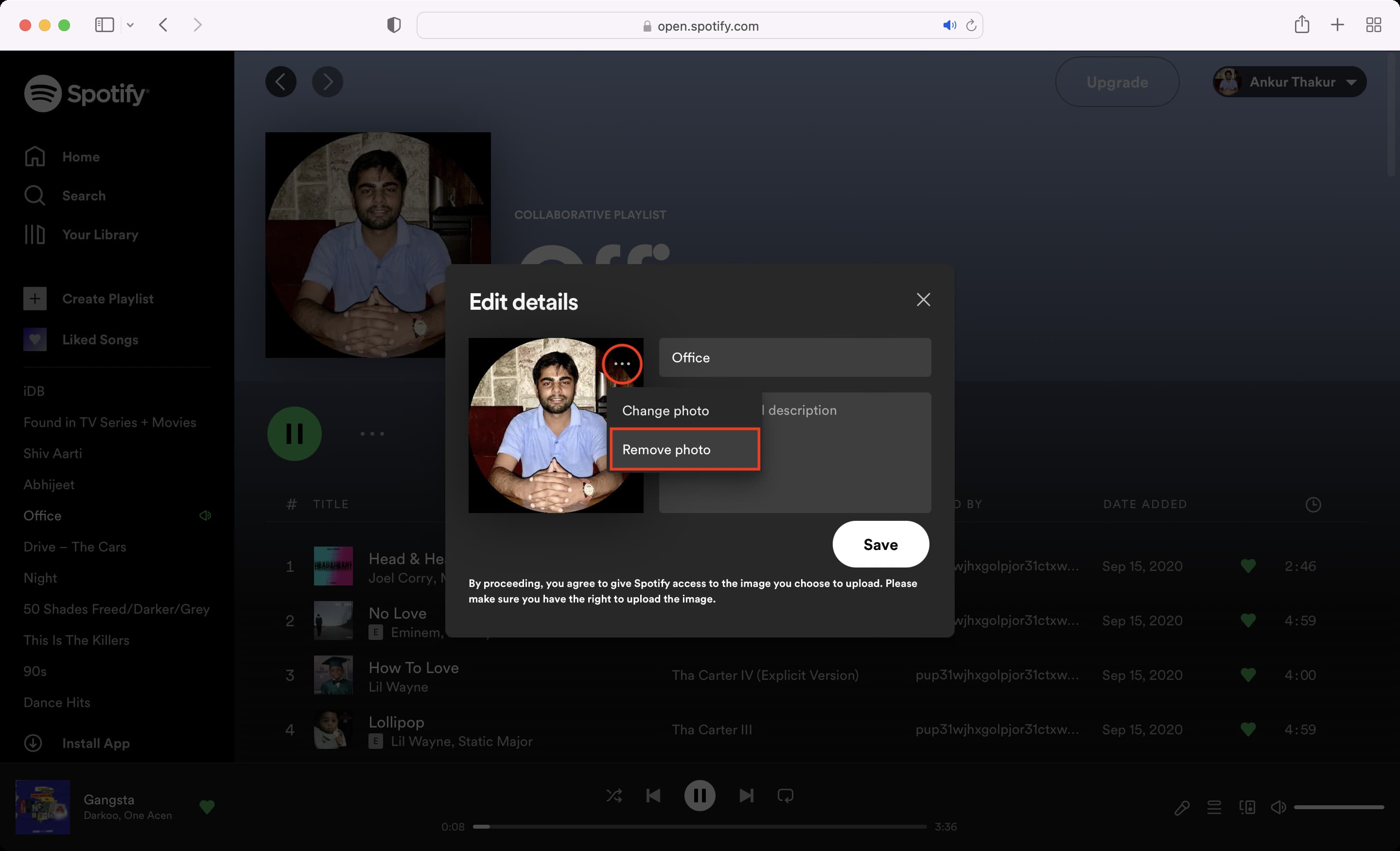 Remove photo as Spotify playlist cover image