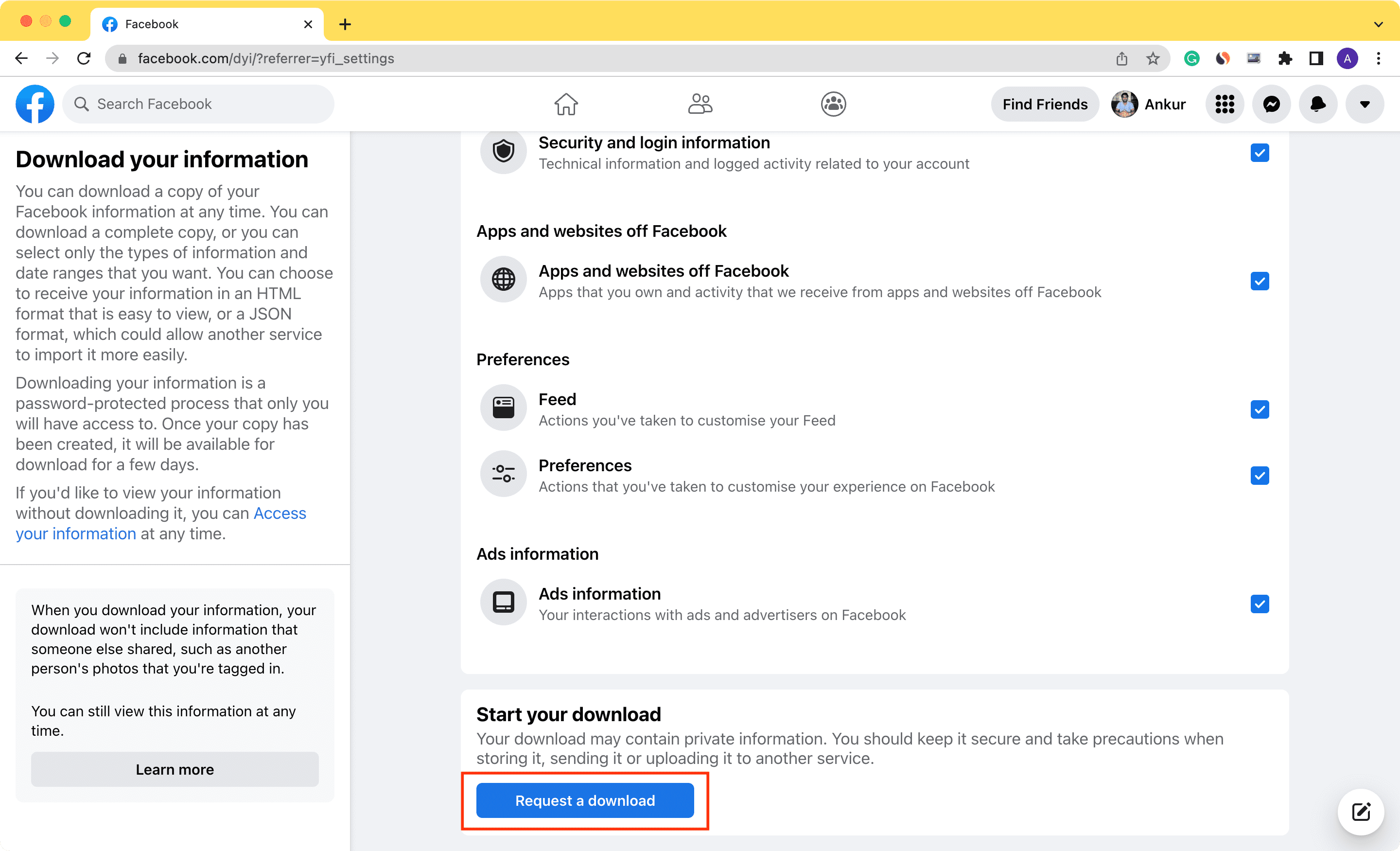 Request a download of your Facebook data