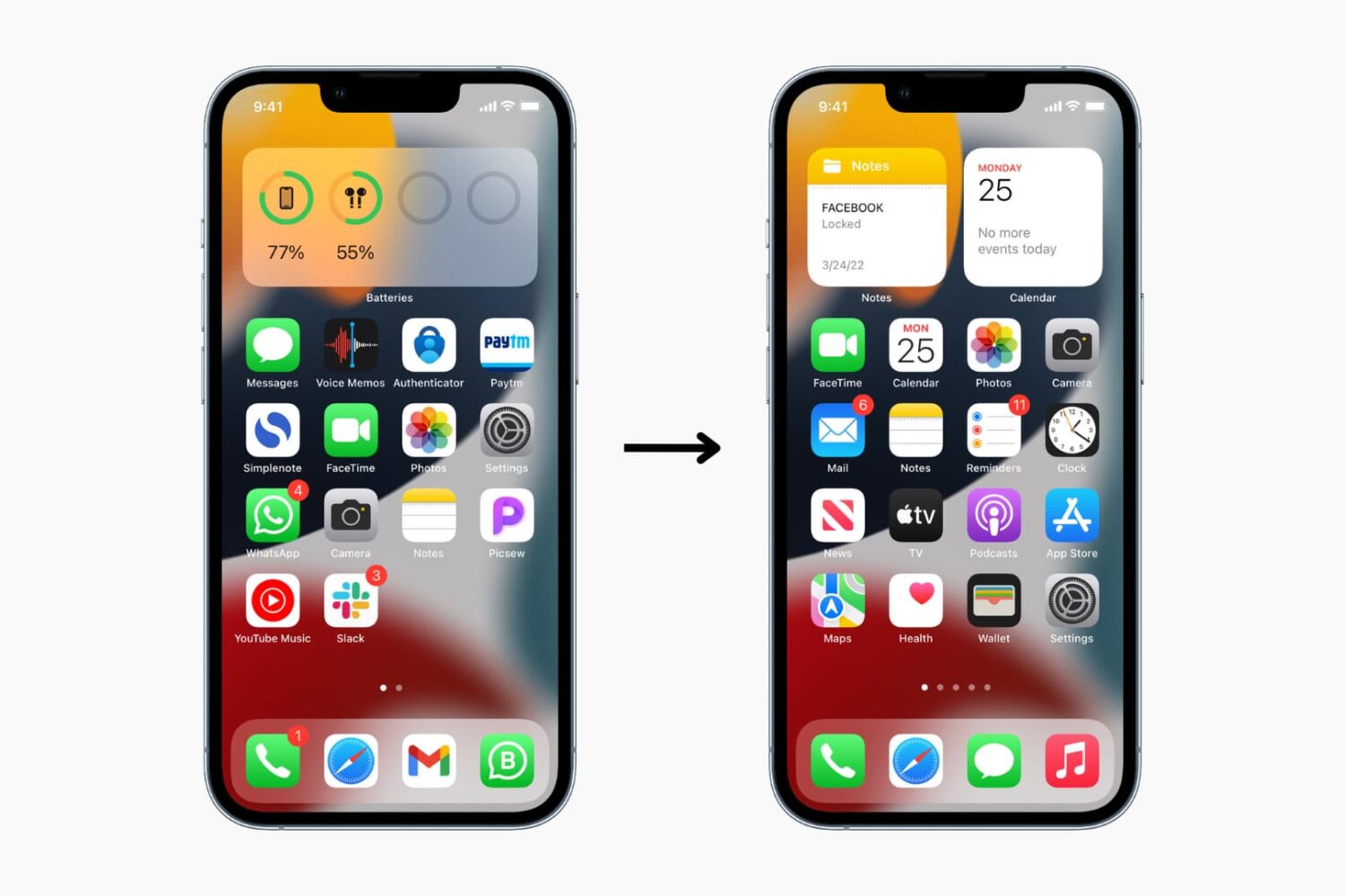 Two iPhones on a light background with first iPhone showing personalized Home Screen and the second iPhone showing reset Home Screen layout