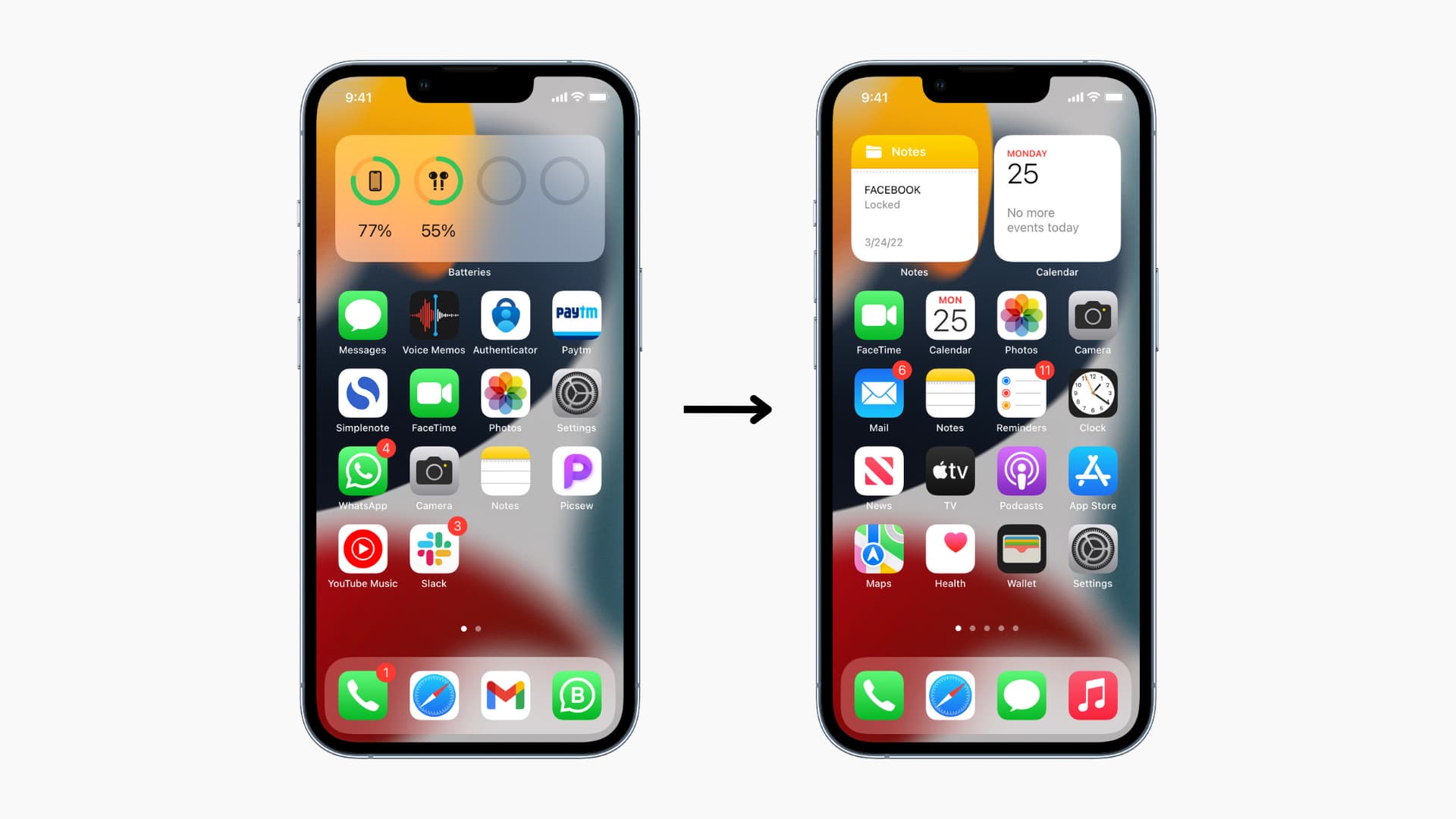 Two iPhones on a light background with first iPhone showing personalized Home Screen and the second iPhone showing reset Home Screen layout