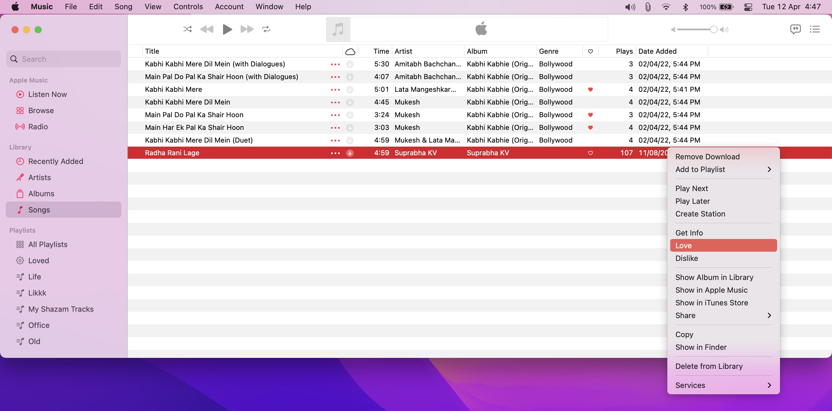 Right-click to love a song in Music app on Mac