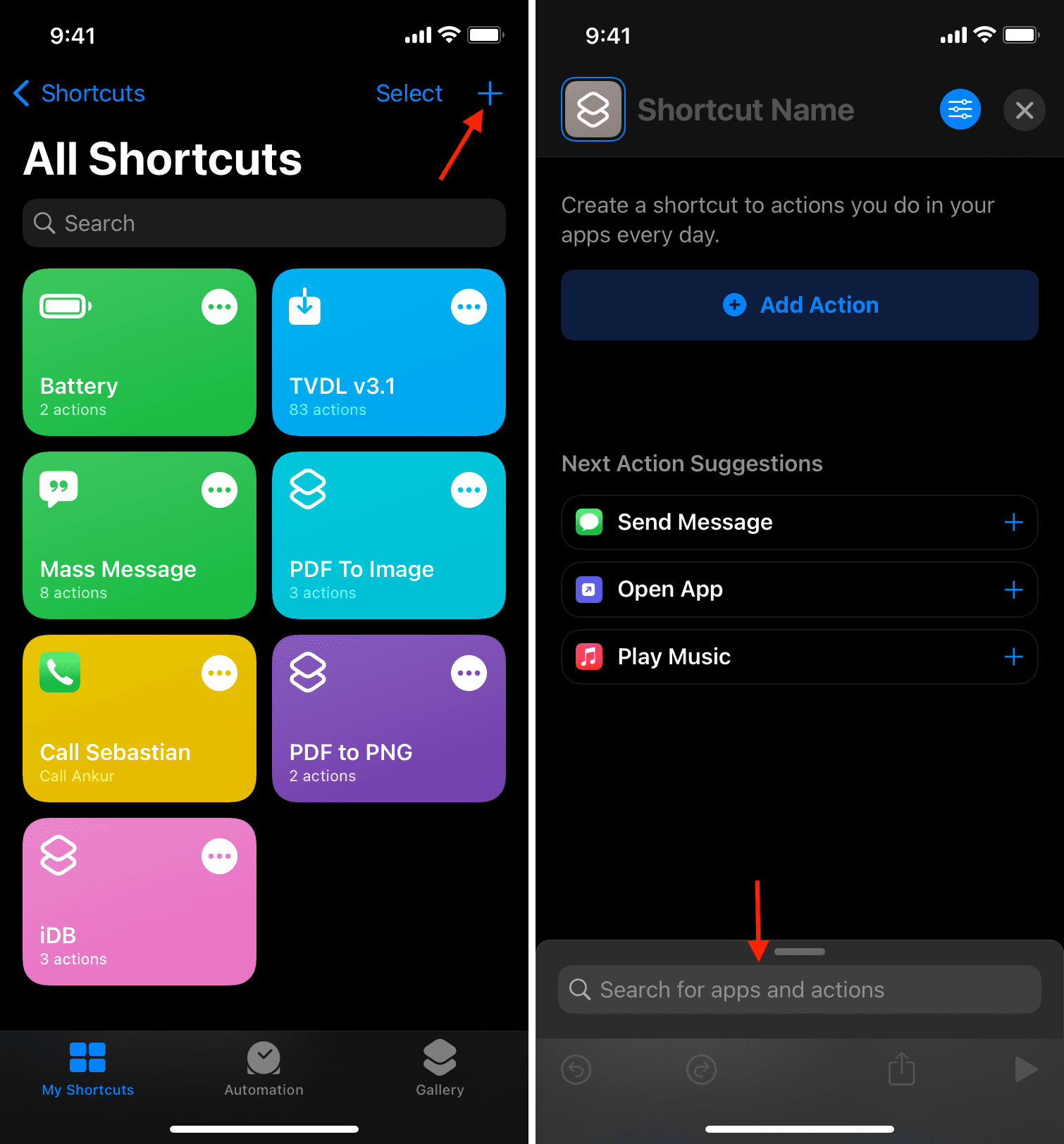 Search for apps and actions in the Shortcuts app