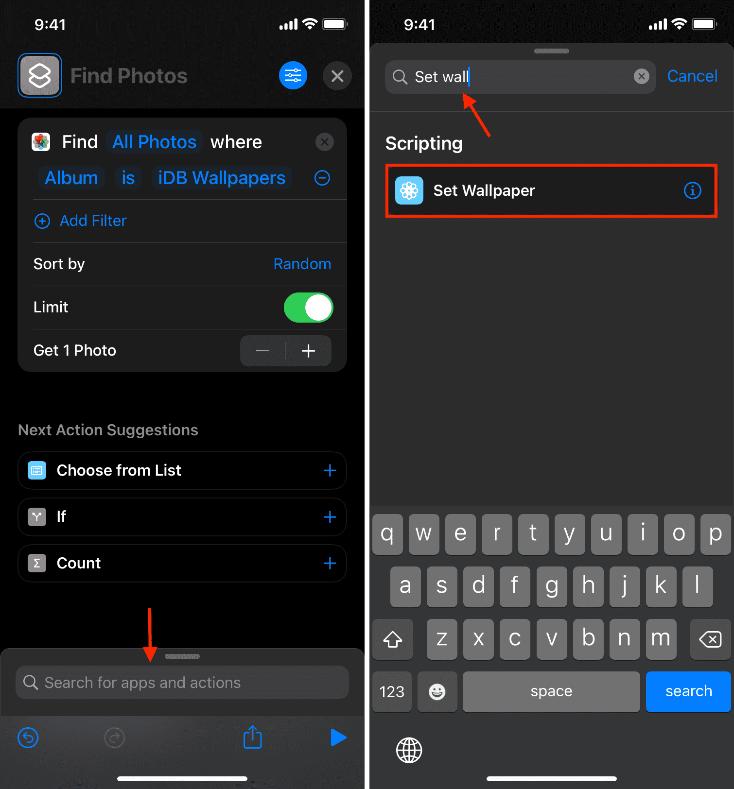 Set Wallpaper action added to your shortcut