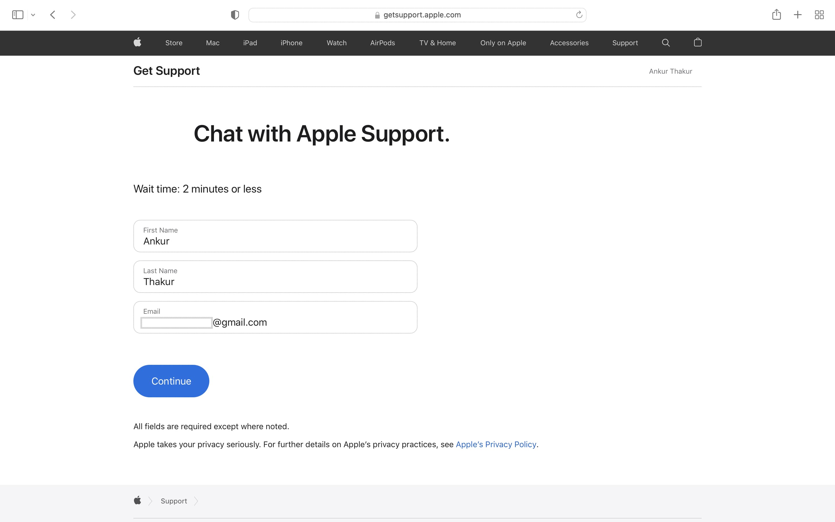 Start Chat with Apple Support on the web