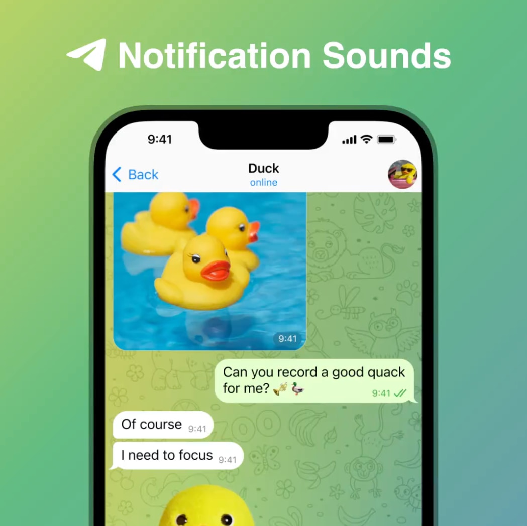 Marketing image showcasing the ability to use custom notification sounds in Telegram for iPhone