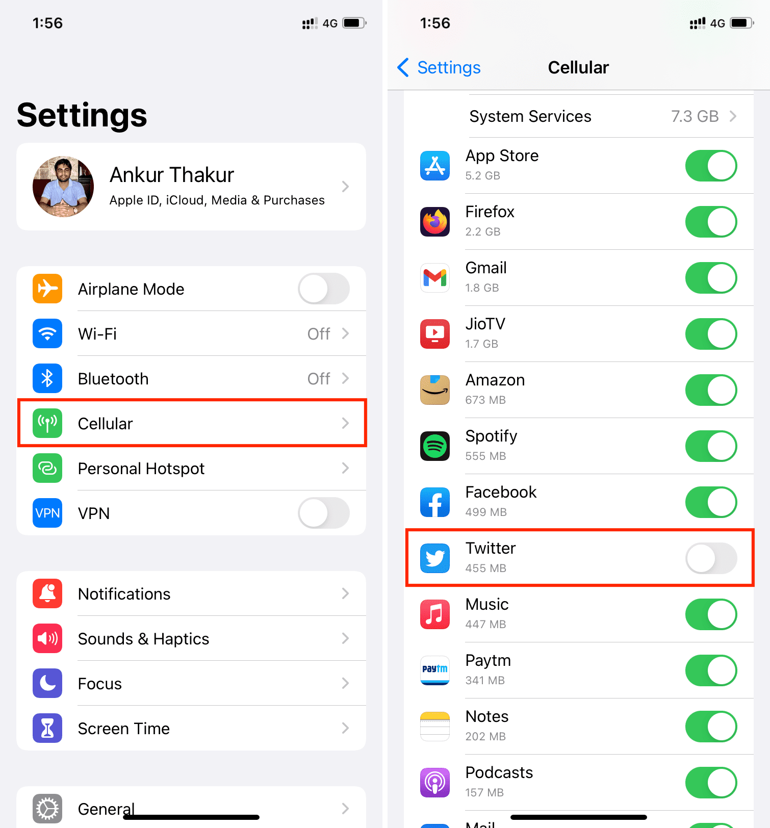 Turn off cellular data for Twitter on iPhone