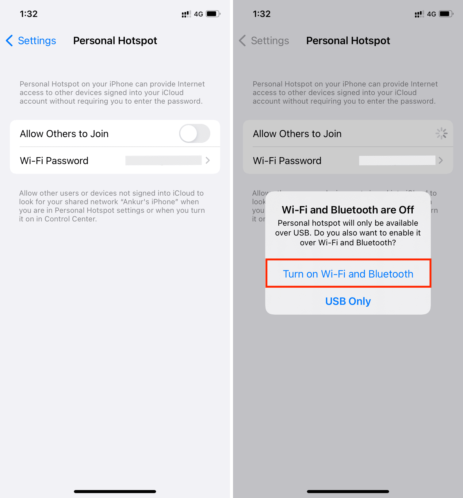 Turn on Wi-Fi and Bluetooth via Personal Hotspot settings on iPhone