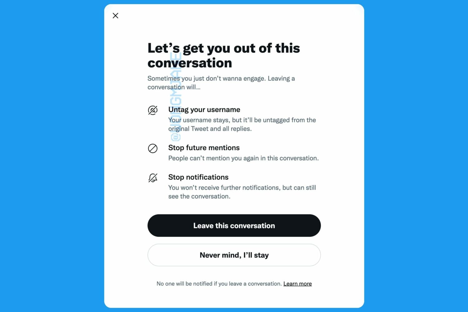 A "Leave this conversation" splash screen for Twitter's unfollow feature to untag yourself from threads you don't want to be part of