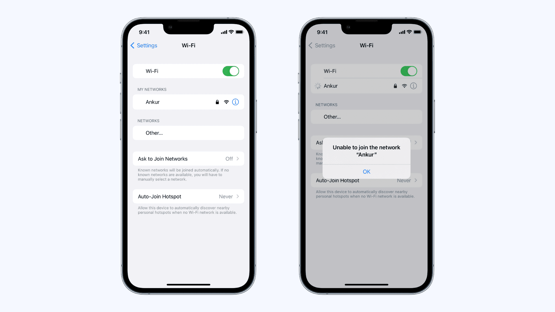 Unable to join the network in iPhone Wi-Fi settings
