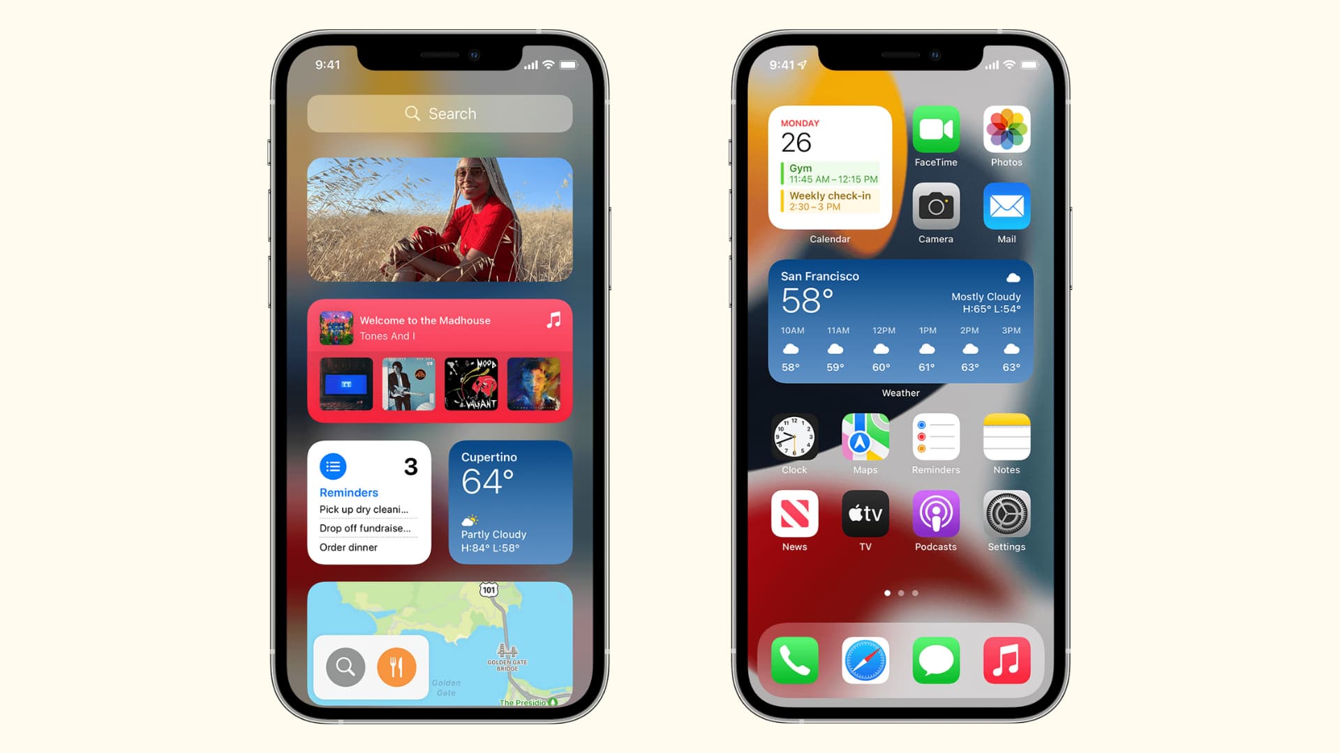 Two iPhone images showing iOS widgets on the Home Screen and Today View