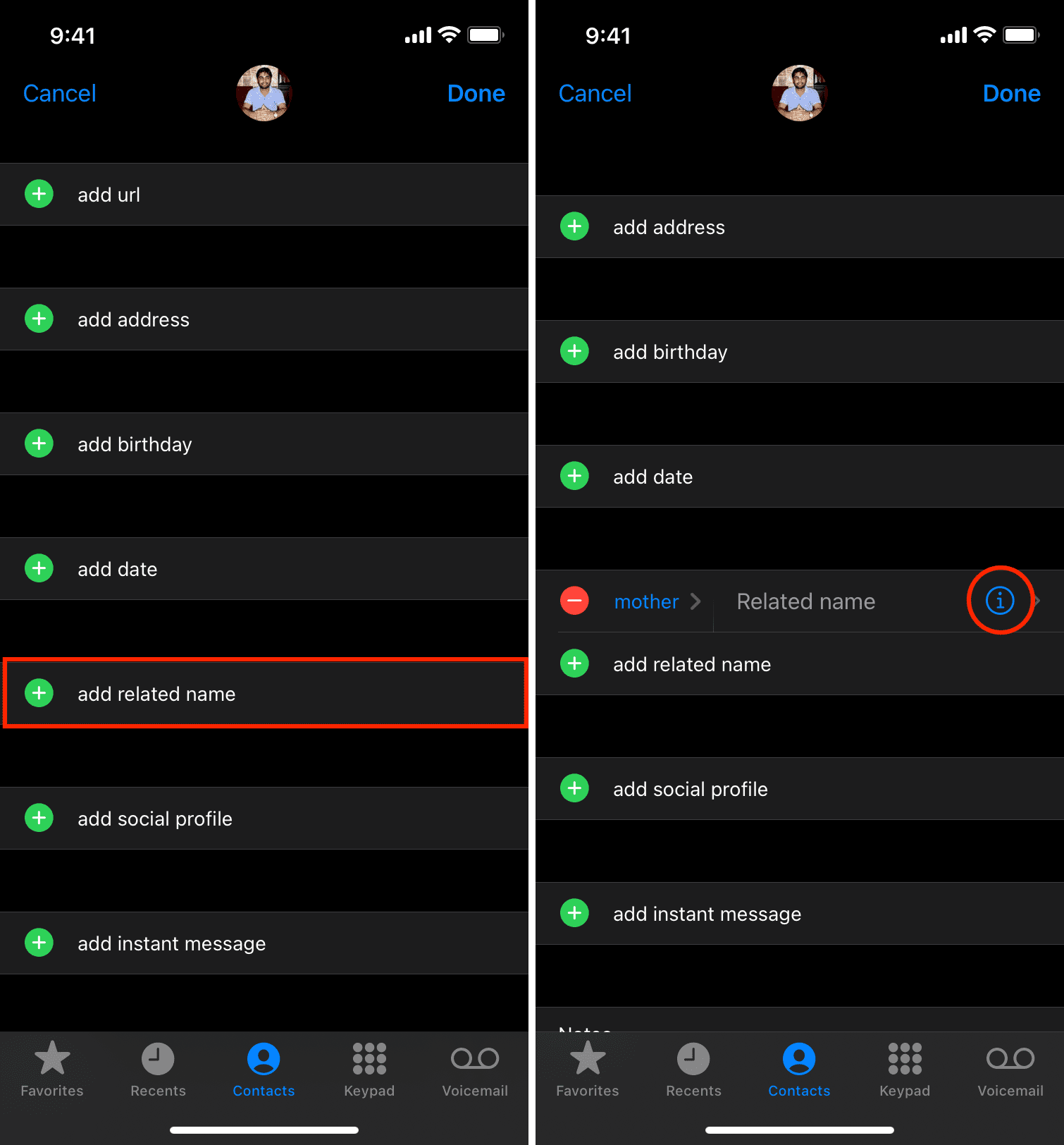 add related name in iPhone Contacts app