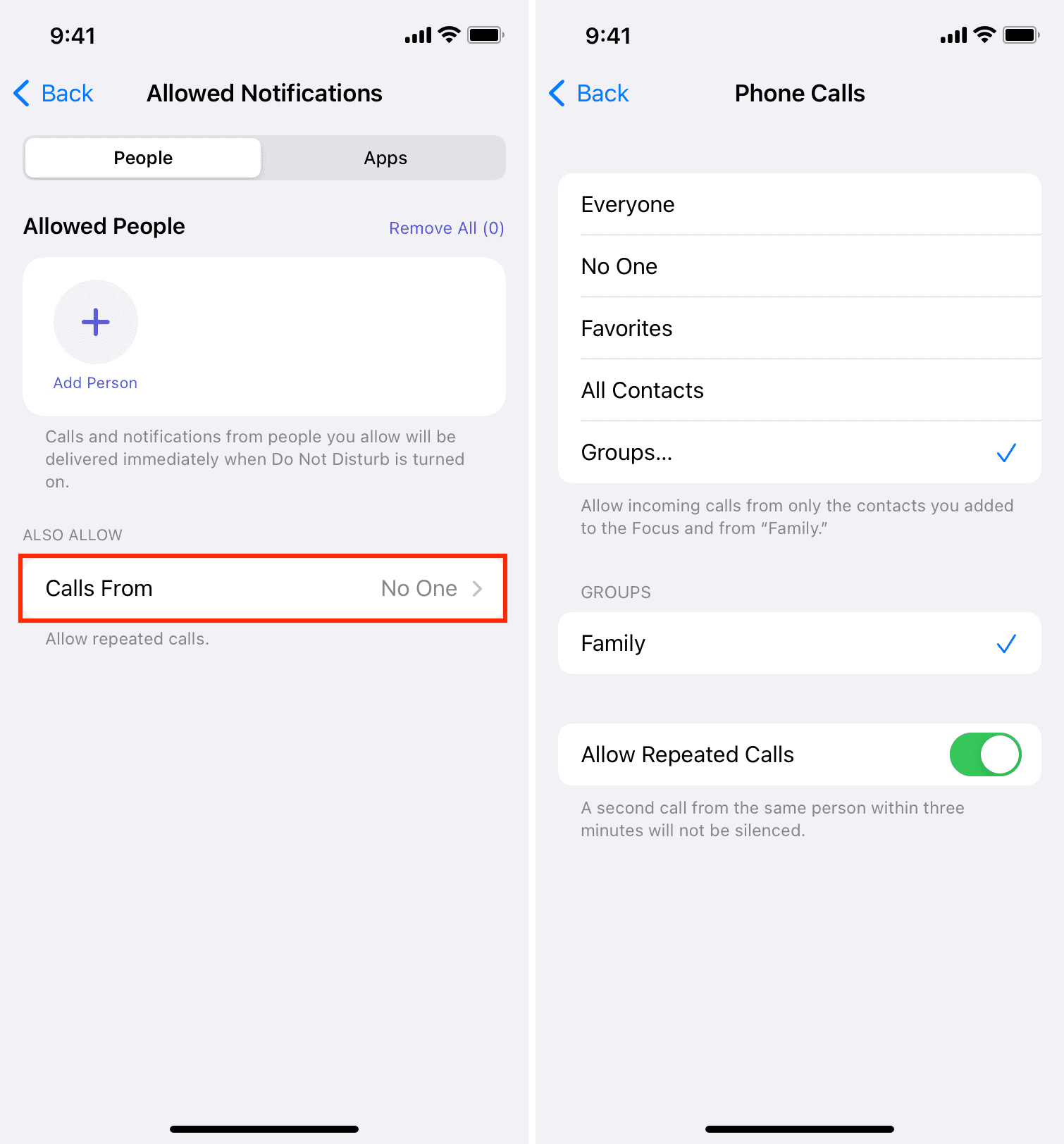 Allow Calls From setting for Do Not Disturb on iPhone