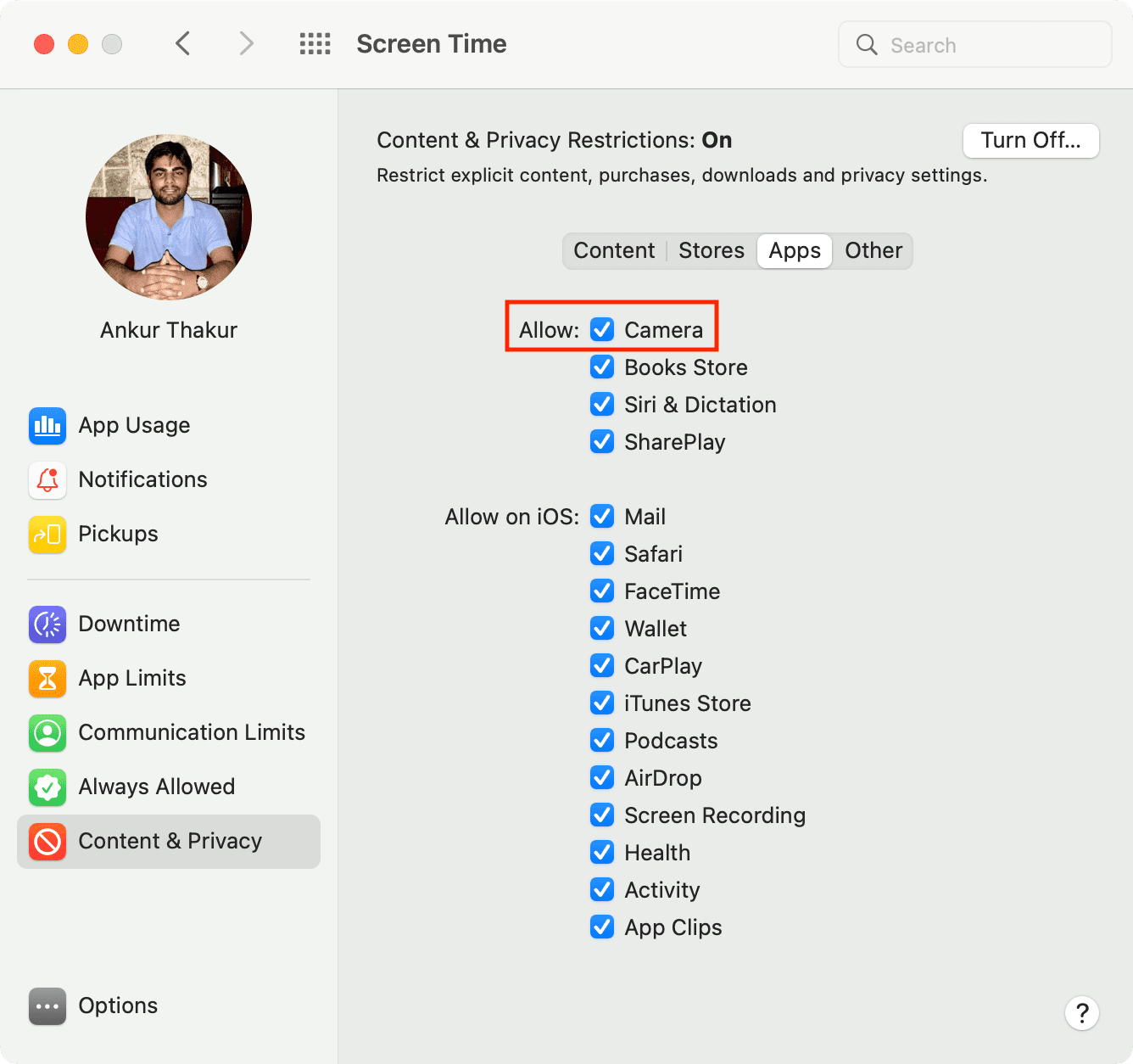 Allow camera in Mac Screen Time settings