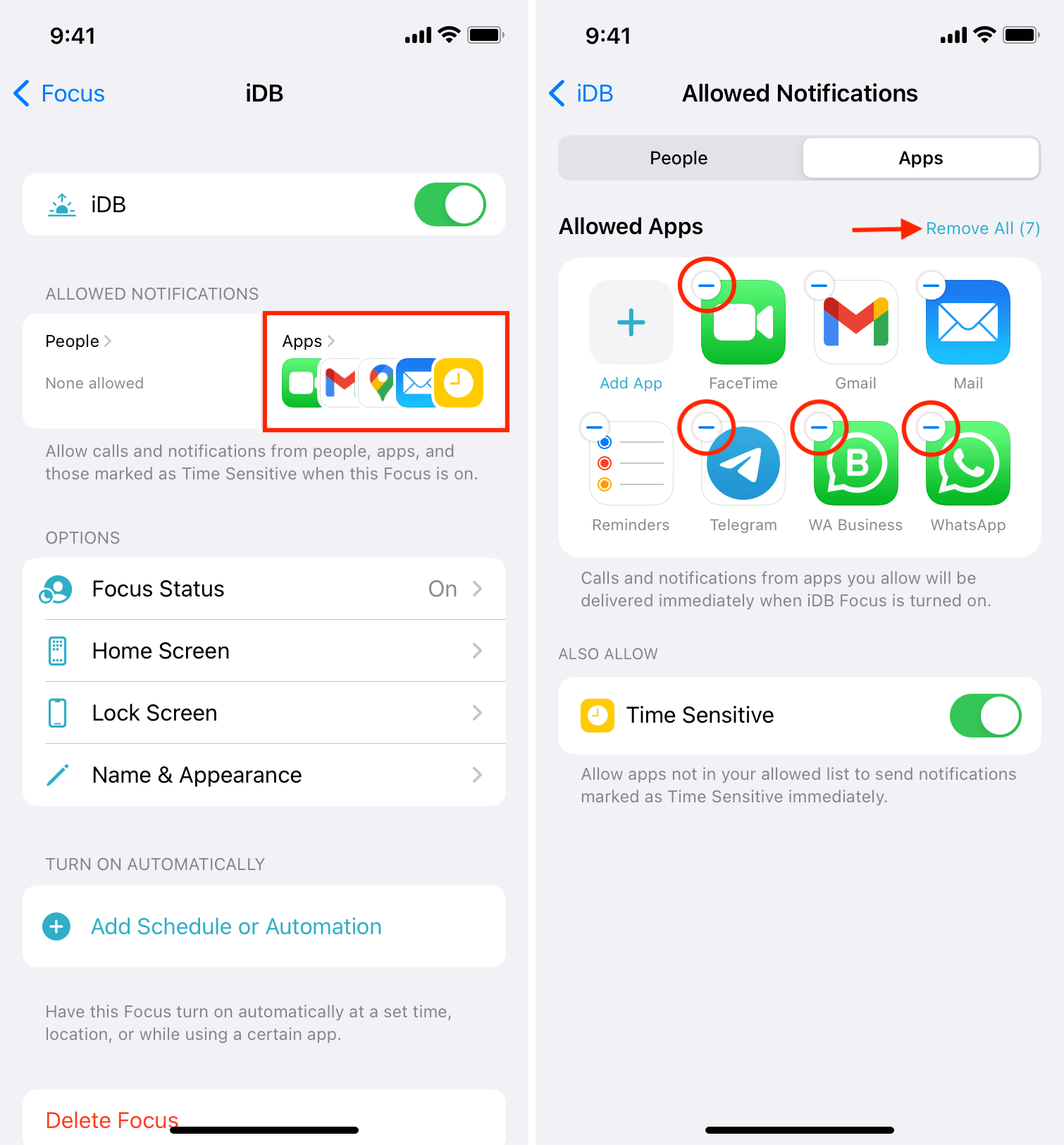 Allowed Apps in Focus settings on iPhone