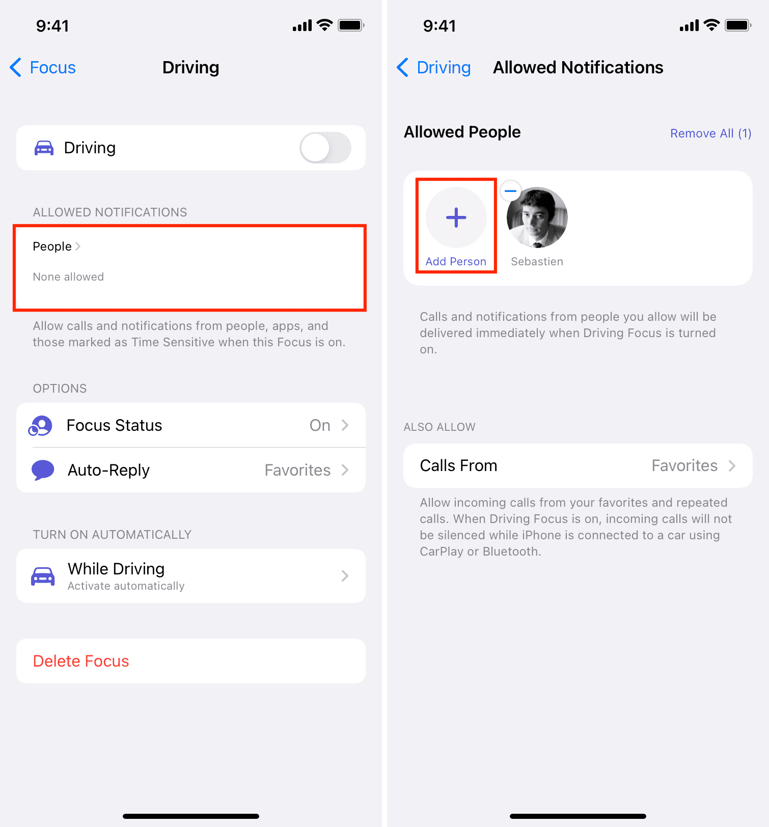 Allowed Notifications from People during Driving Focus on iPhone