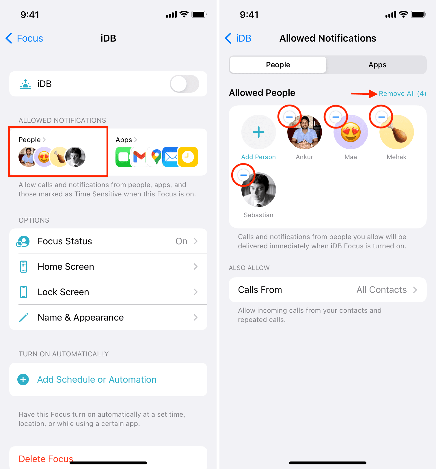 Remove allowed people from Focus mode on iPhone